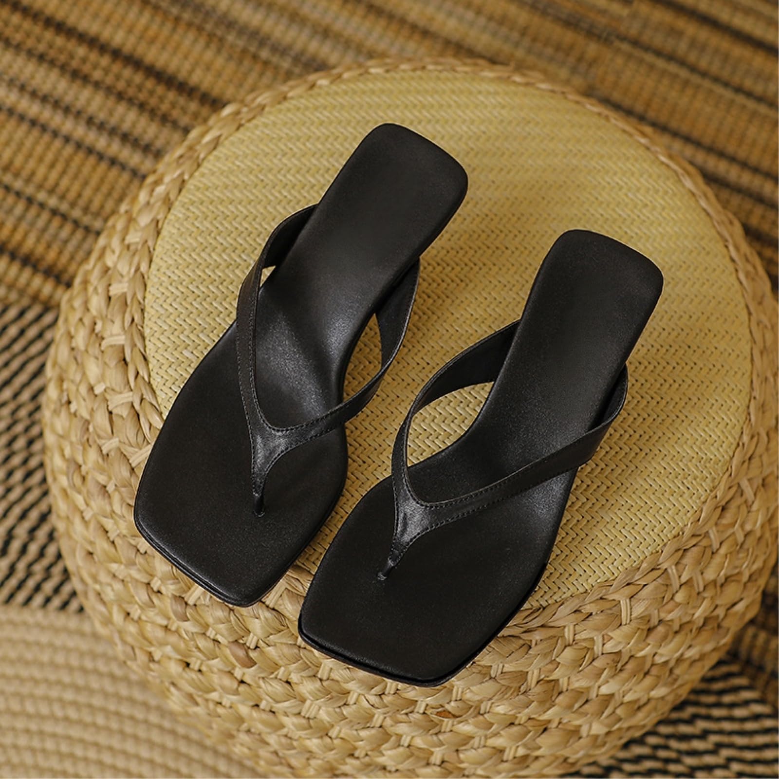 Pantuflas Mujeres Gatito Tacón Chanclas, Pie Cuadrado Zapatos De Verano Cuero Suave Correa Fina Tanga Sandalias, Bajo Confort Playa Casuales