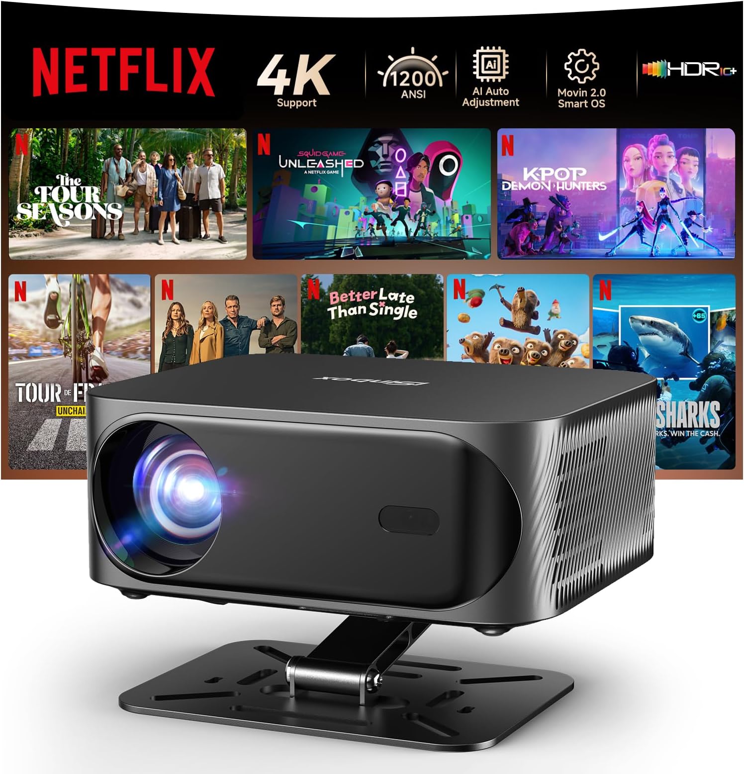 [1200 ANSI/Auto Focus & Keystone/Built-in APPs] 4K Outdoor Projector with Wifi and Bluetooth, Smart Portable Proyector with Built in Apps Netflix/YouTube/PrimeVideo & Dolby, Home Theater with HDR10+
