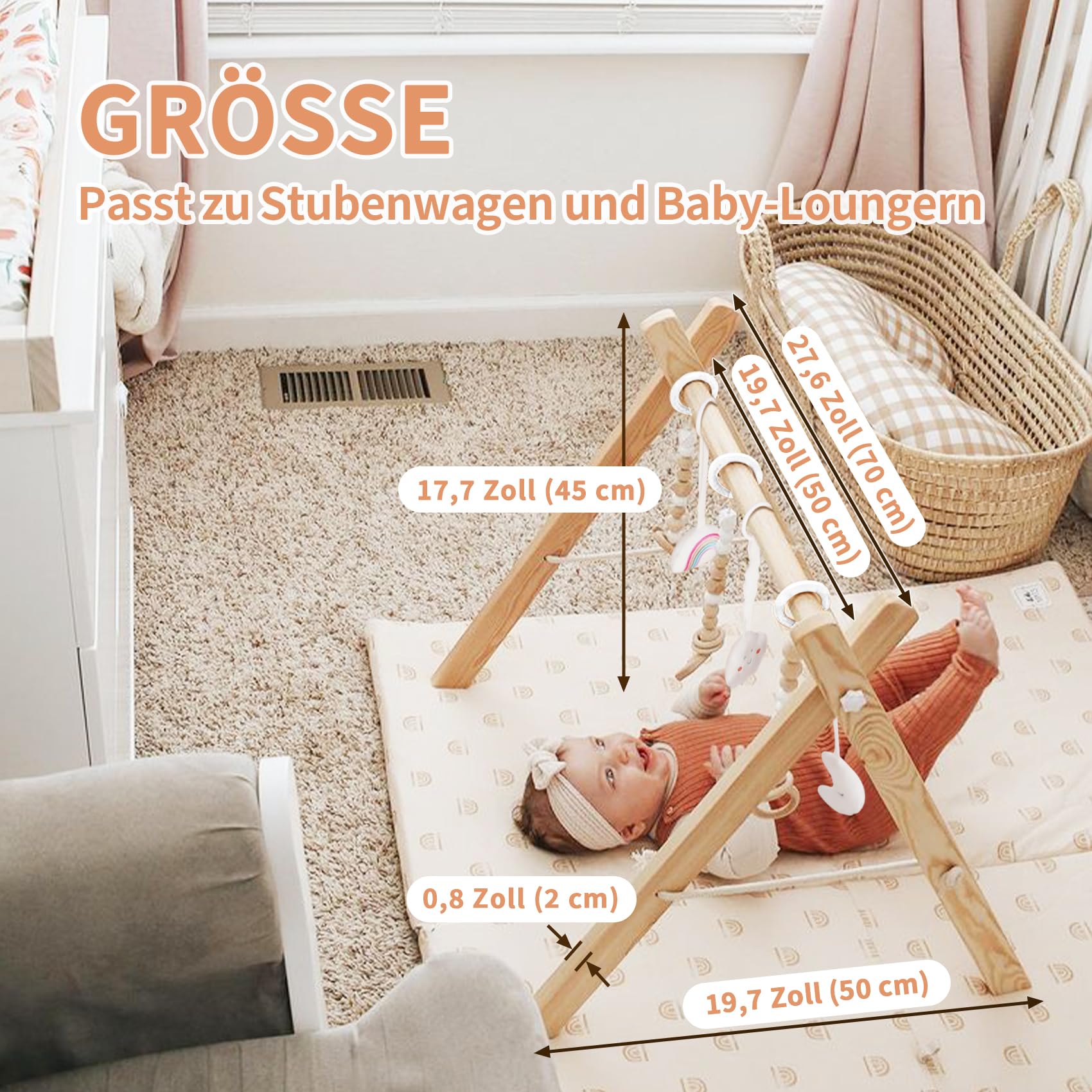 Mallify Spielbogen Baby Holz, Klappbar Spieltrapez mit 6 abnehmbaren Spielzeugen, Baby Gym Holz für Neugeborene