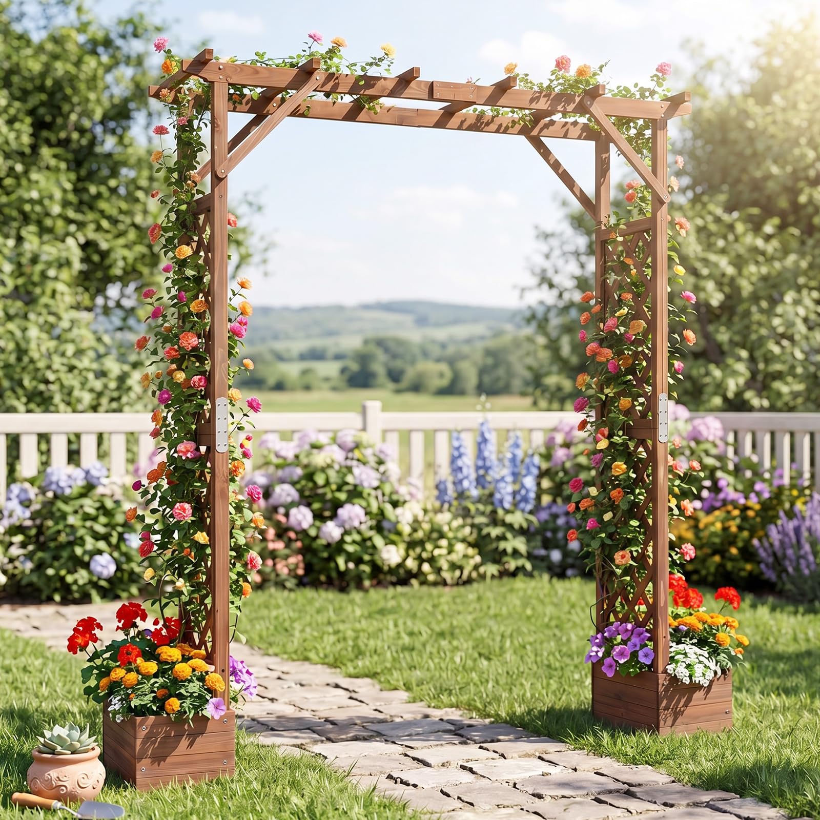 COSTWAY Arche de Jardin en Bois de Sapin, avec 2 Bacs à Fleurs | Pergola Extérieur Toit Suspensions, Treillis Latéral pour Plantes Grimpantes, Décoration Entrée Patio, 208 x 55 x 220 cm