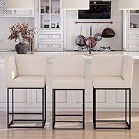 Vista 11 de HNY Taburete de bar moderno de altura de mostrador, taburete de bar tapizado de tela de lino con respaldos, taburetes de isla de cocina de 27 crema