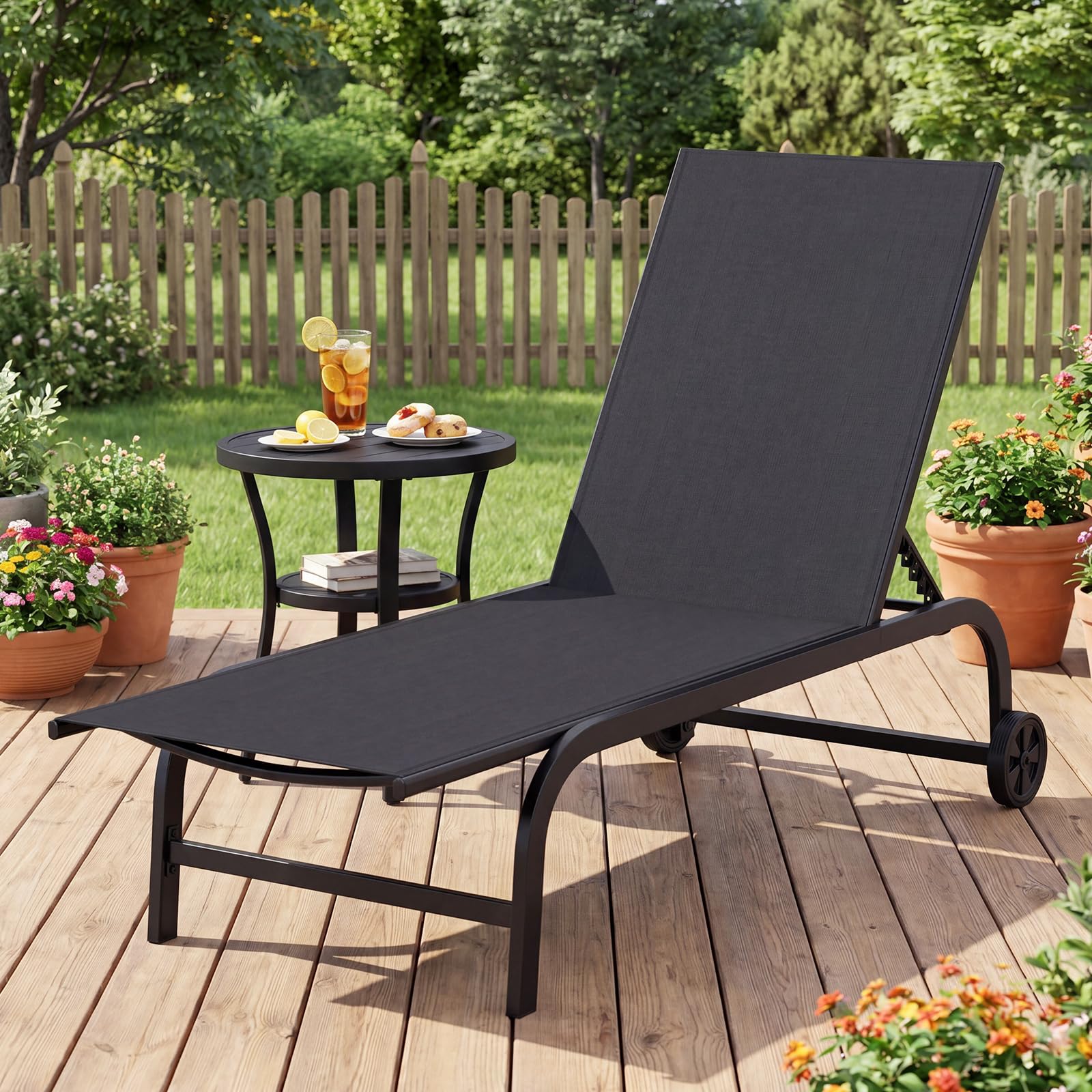 Multigot Garden Sun Lounger with Wheels, 6 Positions Adjustable Outdoor Chaise Lounge Chair, Portable Patio Sunbed Leisure Deck Seat for Lawn Beach Poolside (1, Black)