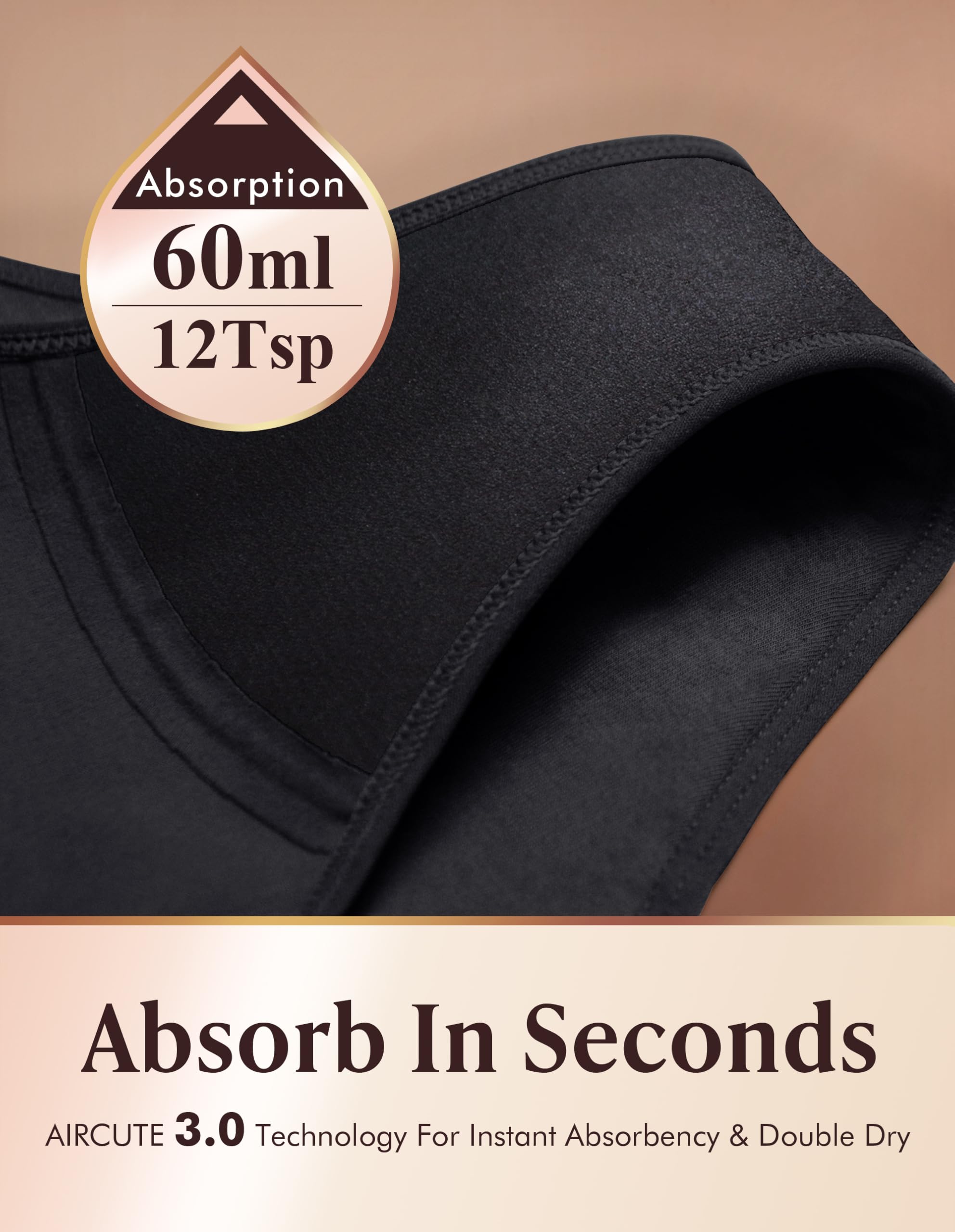 AIRCUTE Ropa interior lavable de absorción para incontinencia urinaria para mujer, cintura alta, a prueba de fugas, para fugas de vejiga, 60 ml, paquete de 3 (M, negro-beige-blanco)