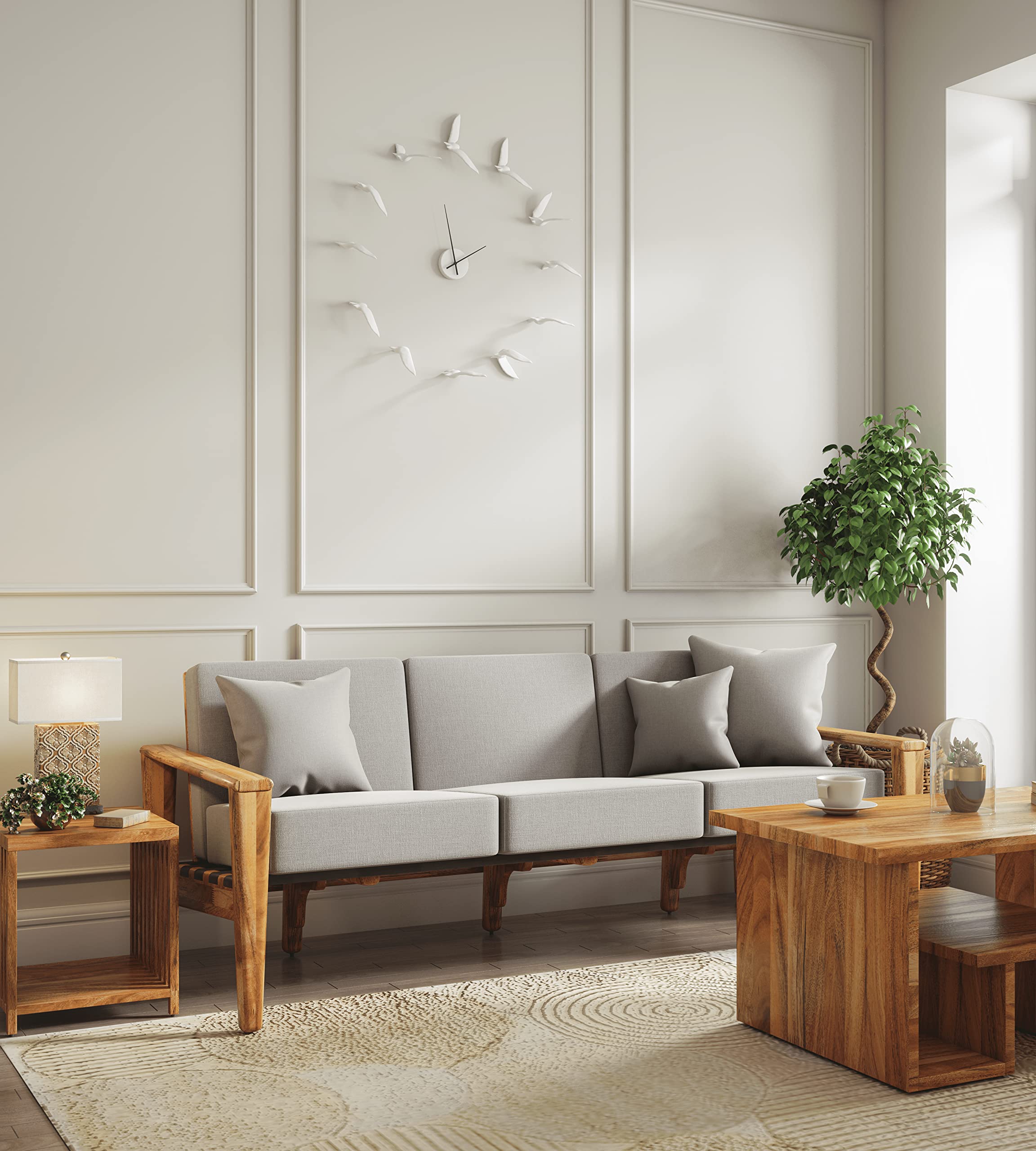 FurnmillAdelia 3 Seater Sofa, Color : Grey, Wooden Sofa for Living Room, Finish : Natural, Size : 85 X 199.5 X 77.9 CM