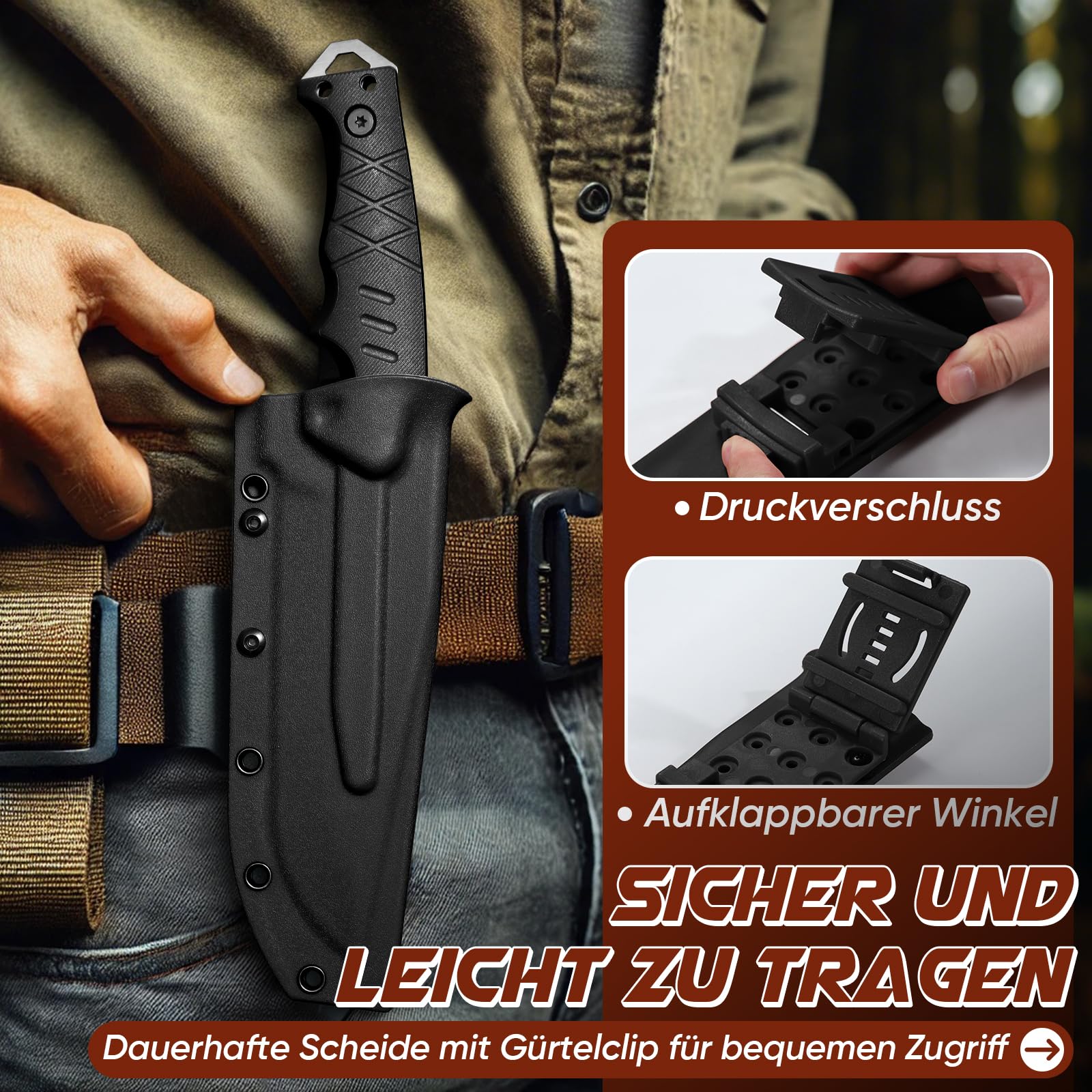 Purple Dragon Outdoor Messer Survival - mit Kydex Scheide, Feststehende Klinge aus einem Stück D2 Stahl, Full Tang Tanto Messer mit G10 Griff für Camping, Geschenke für Männer, Schwarz