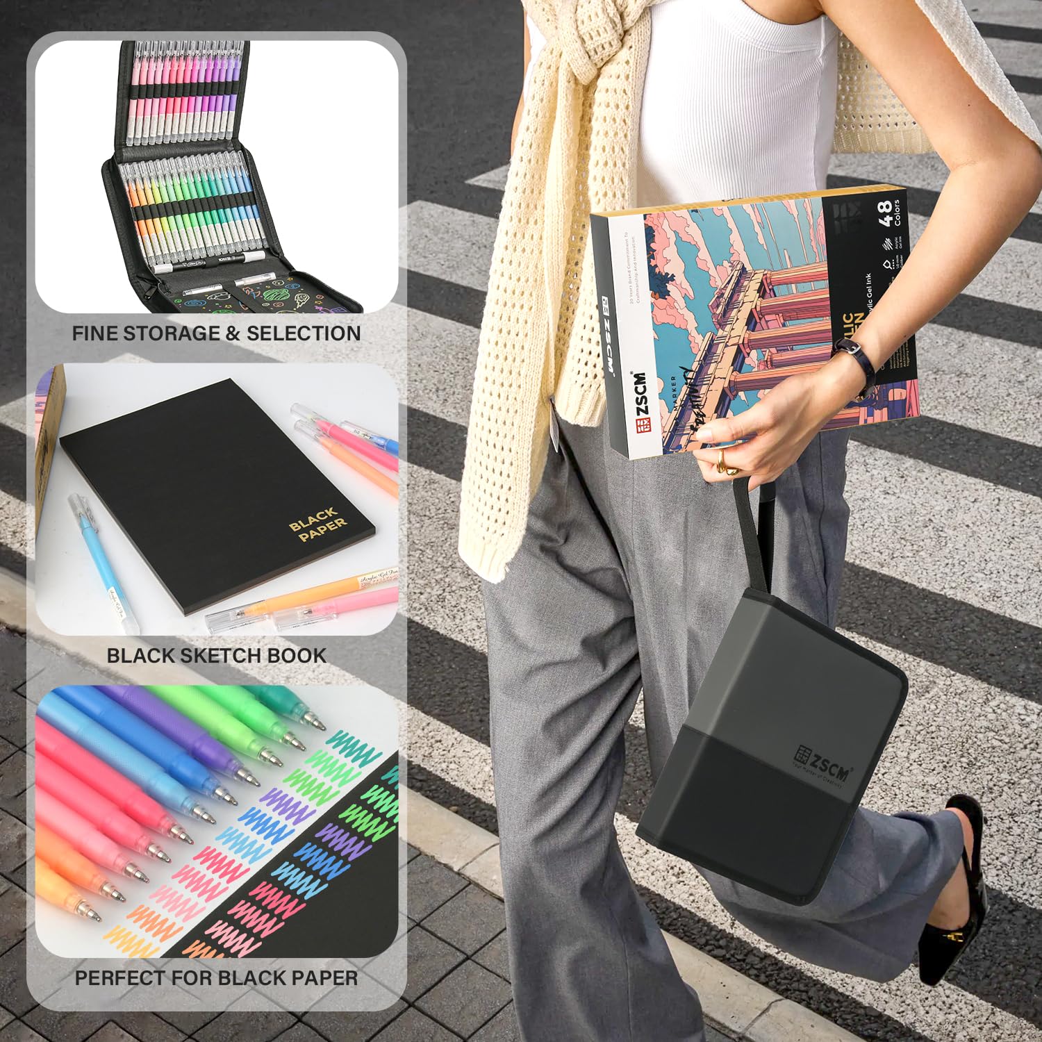 ZSCM Cuaderno de bocetos de papel negro y bolígrafos de gel acrílico de 48 colores para dibujar, bolígrafo de tinta acrílica de punta fina de 1 mm, bolígrafos de tinta de archivo opacos para dibujo de
