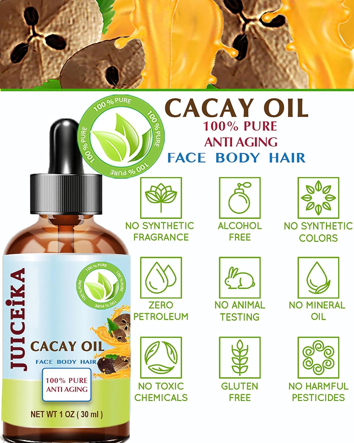 CACAY OIL 100% Pure Natural Virgin Unrefined Cold-Pressed Carrier Oil 1 Fl oz 30 ml For Face, Skin, Body, Hair, Lip, Nails