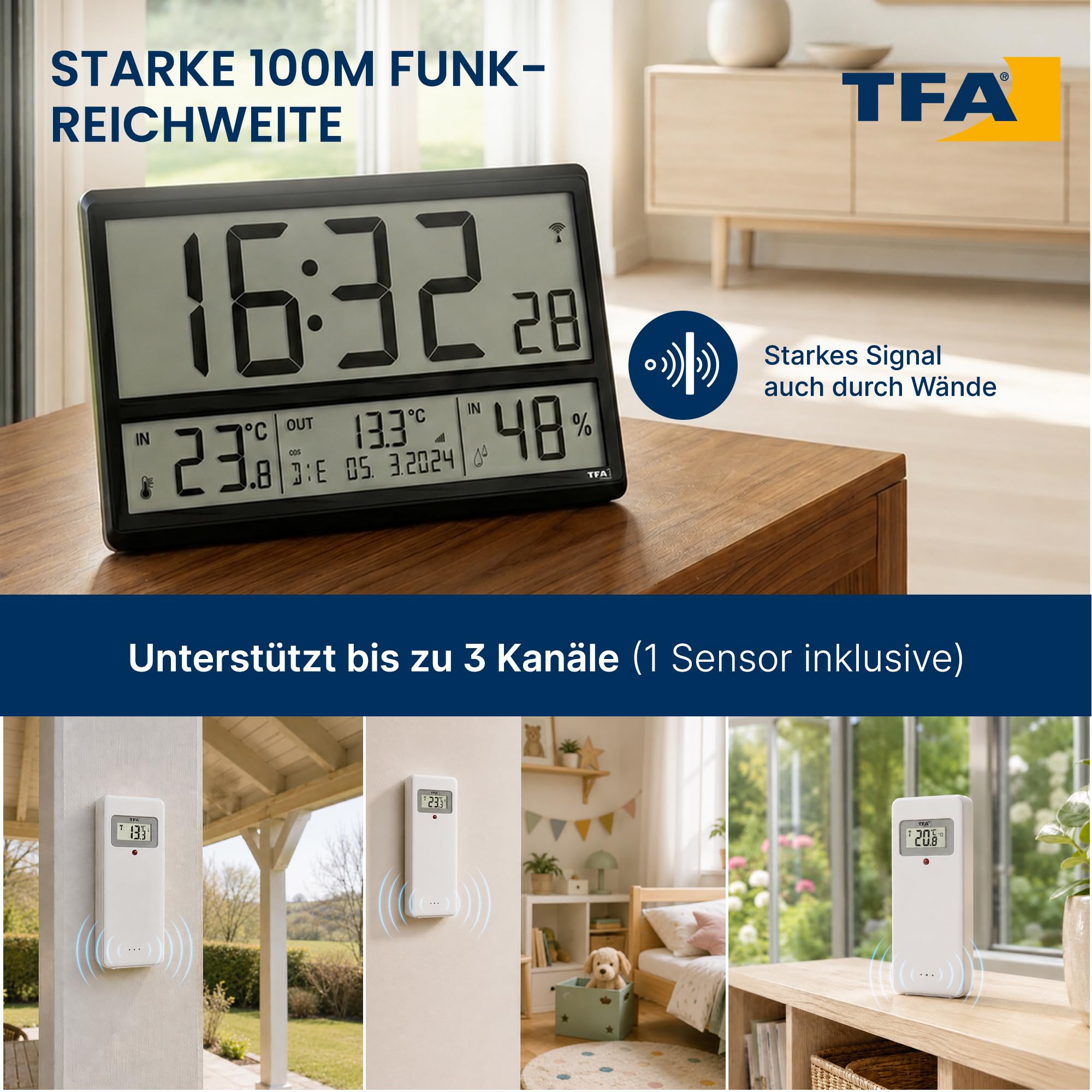 TFA Dostmann Digitale XL Wanduhr, 60.4523.01, mit Außentemperatur und Raumklima, Funkuhr, 24h Anzeige, vollständiges Datum, schwarz, (L) 360 x (B) 235 x (H) 28 (84) mm