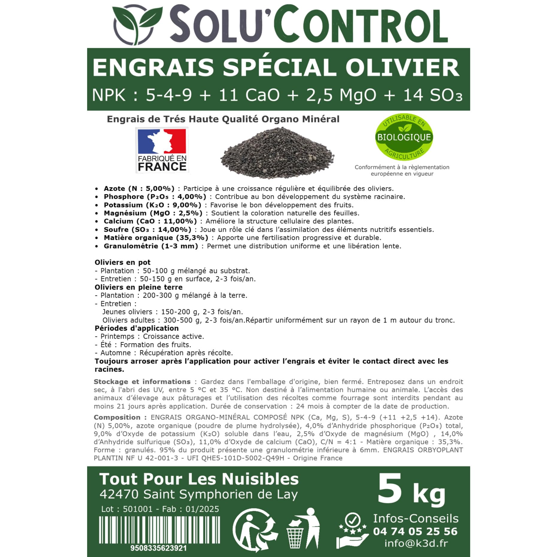 ENGRAIS Spécial OLIVIER 5 kg - SoluControl - Formulation haute qualité Organo-Minerale - NPK 5-4-9 - Utilisable en Agriculture BIOLOGIQUE