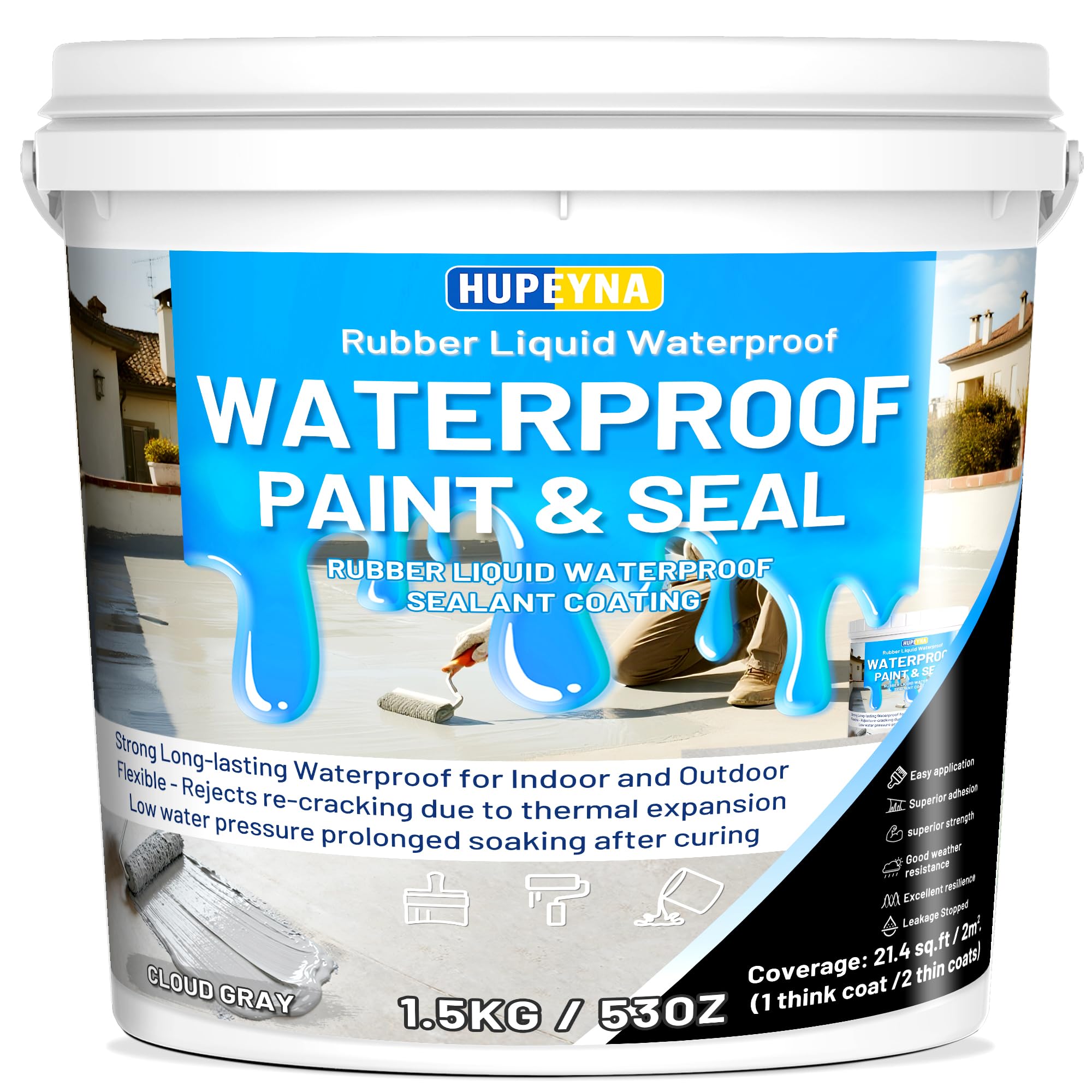 Waterproof Coating, Waterstop Membrane, Elastic Rubber Paint Cloud Grey for Indoor & Outdoor, Repair Cracks and Leaks Surfaces Leak-Proof Agent