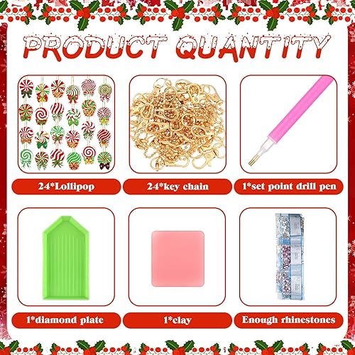 Miniatura 4 de Hiboom 24 Pcs Christmas Diamond Painting Keychains Peppermint Candy Lollipop Bow 5d Diamond Keychain Kit DIY Christmas Diamond Art Ornament for Kids