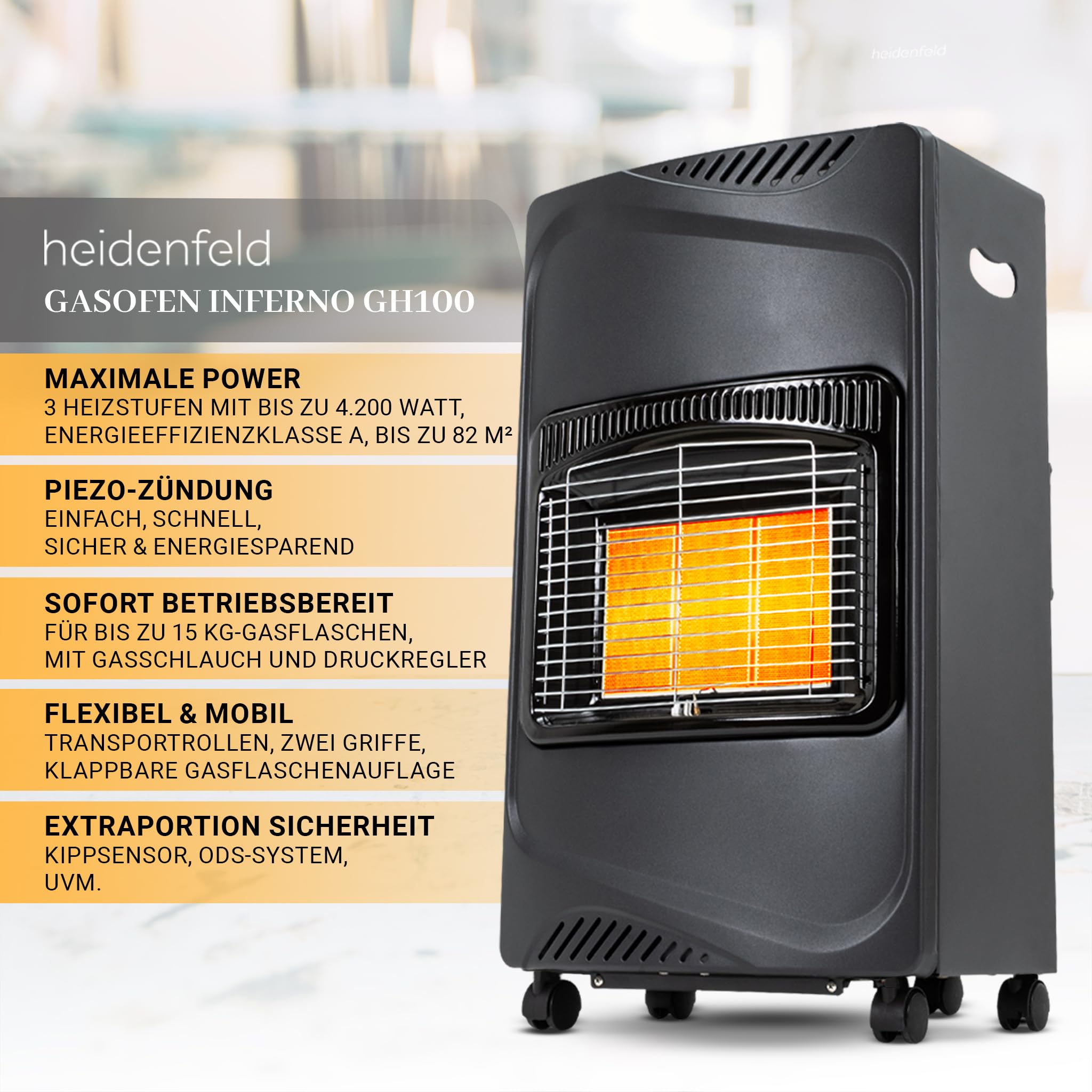 Heidenfeld Gasheizung Inferno GH100 | 𝟑 𝐉𝐀𝐇𝐑𝐄 𝐆𝐀𝐑𝐀𝐍𝐓𝐈𝐄 - 4200 Watt - Heizstrahler - Gasheizung für Innenräume - Gasofen - Gasheizer - Gasflaschen bis 15 Kg - Gasschlauch (Schwarz)