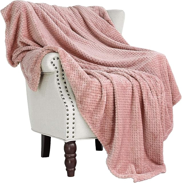 Exclusivo Mezcla Flannel Throw Blanket, 127x178 CM Soft Sofa Throws, Waffle Fleece Throws for Sofa, Dusty Pink Blanket