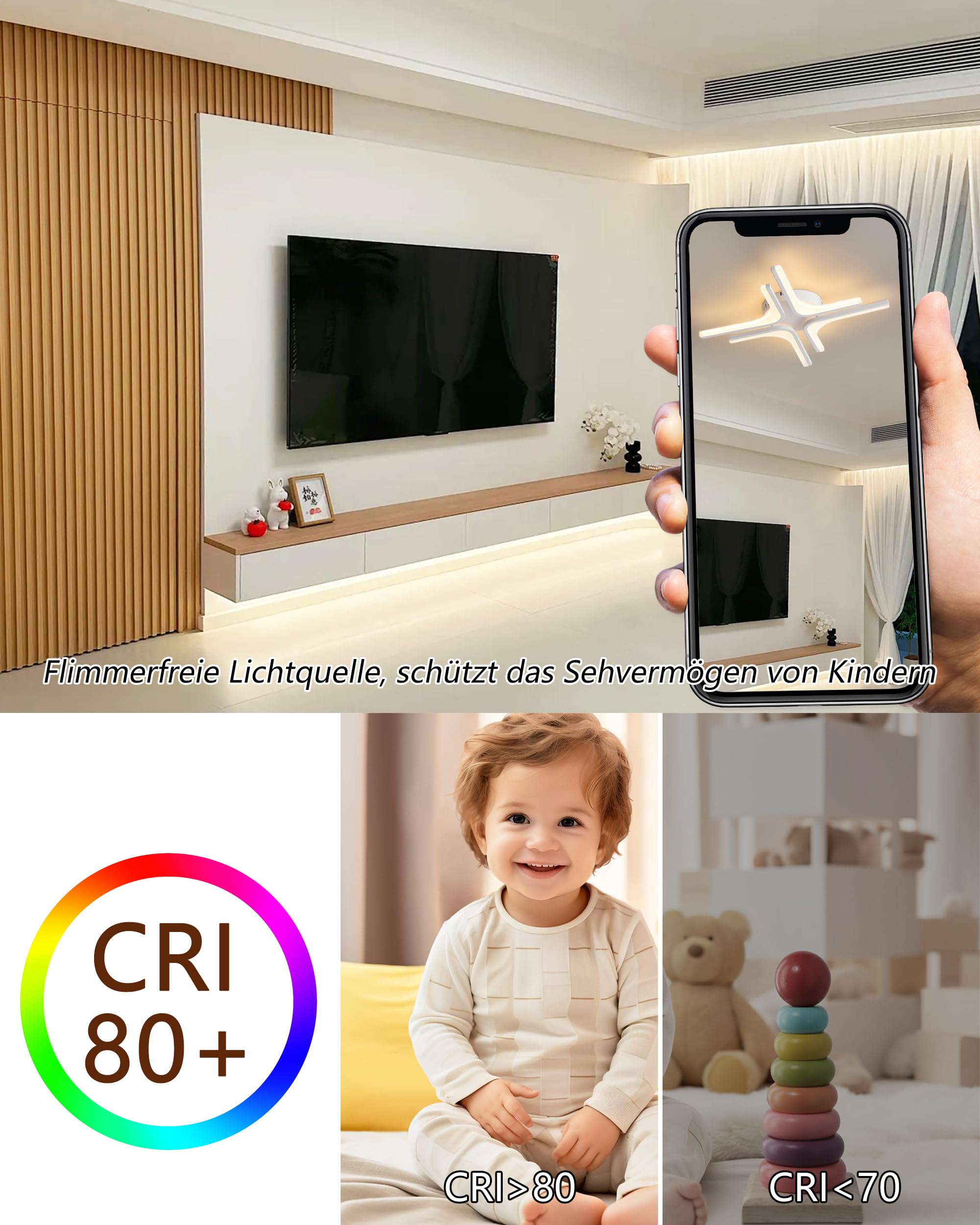 LED Deckenleuchte Dimmbar weiß Stern, 56cm 26W Farbtemperatur 3000-6000K, Helligkeit 10-100%, Mit Fernbedienung/Mobile APP, Für Schlafzimmer, Küche, Balkon, Flur, Mit Memory-Funktion, 2W Nachtlicht