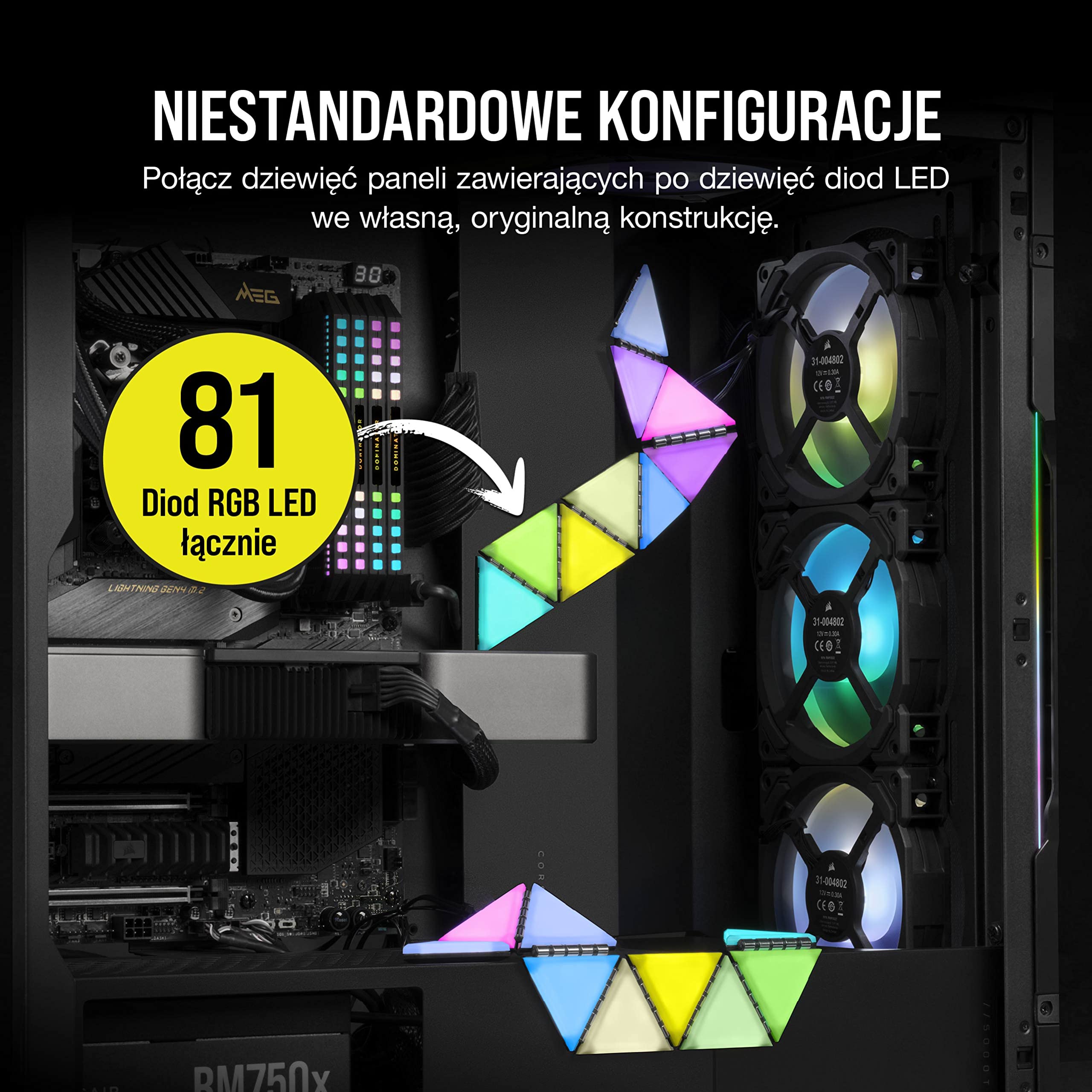 Corsair iCUE LC100 – Panele podświetlające na obudowę – minitrójkąt – zestaw startowy z 9 płytkami (81 diod RGB LED z rozpraszającą światło, CORSAIR iCUE Lighting Node PRO w zestawie) Przejrzysty