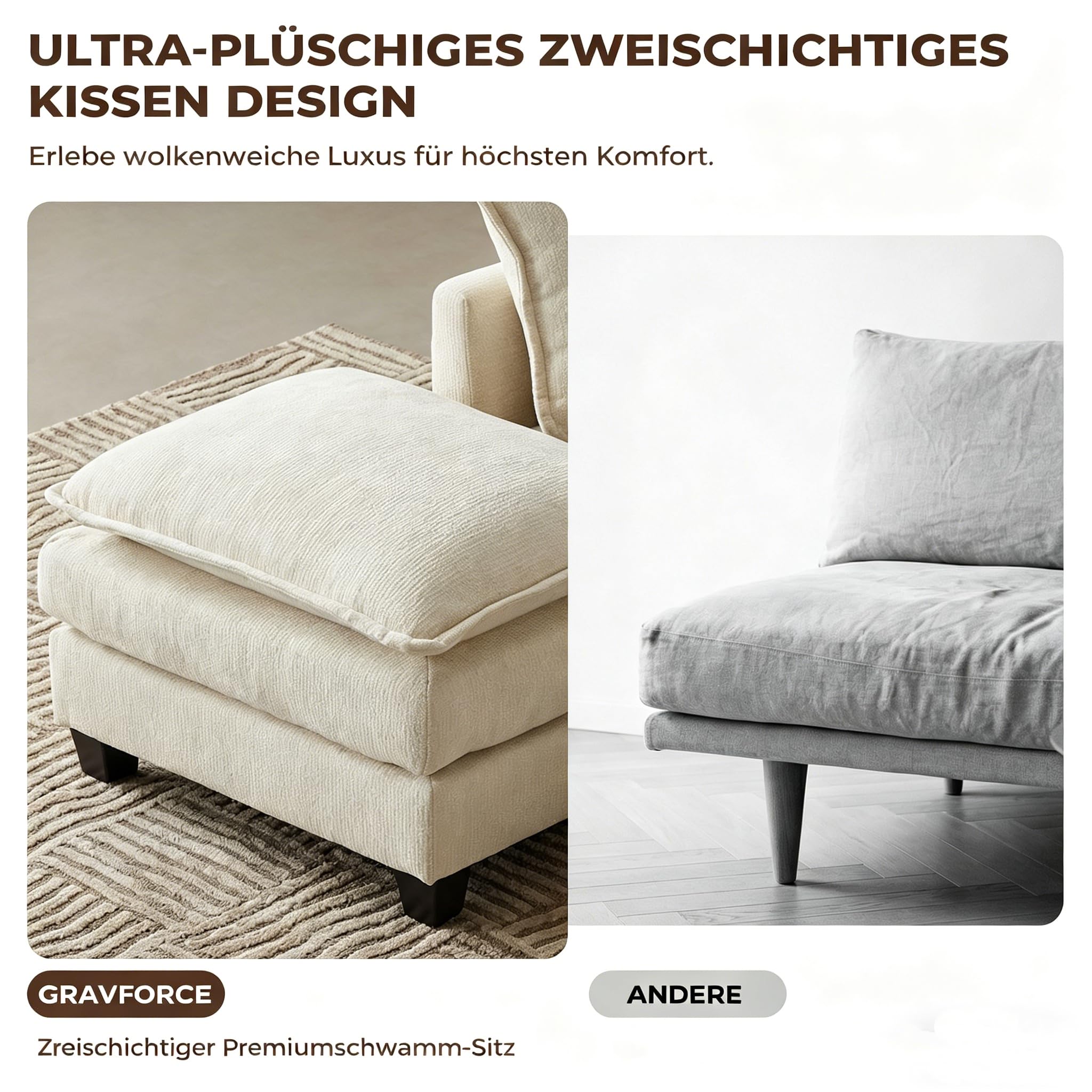 GRAVFORCE 239cm Ecksofa mit Schlaffunktion L Form 3 Sitzer Sofa mit 2 beweglichen Hockern Cloud Couch Big Sofa Modulares Sofa mit tiefer Sitz für Wohnzimmer Wohnung Büro Chenille