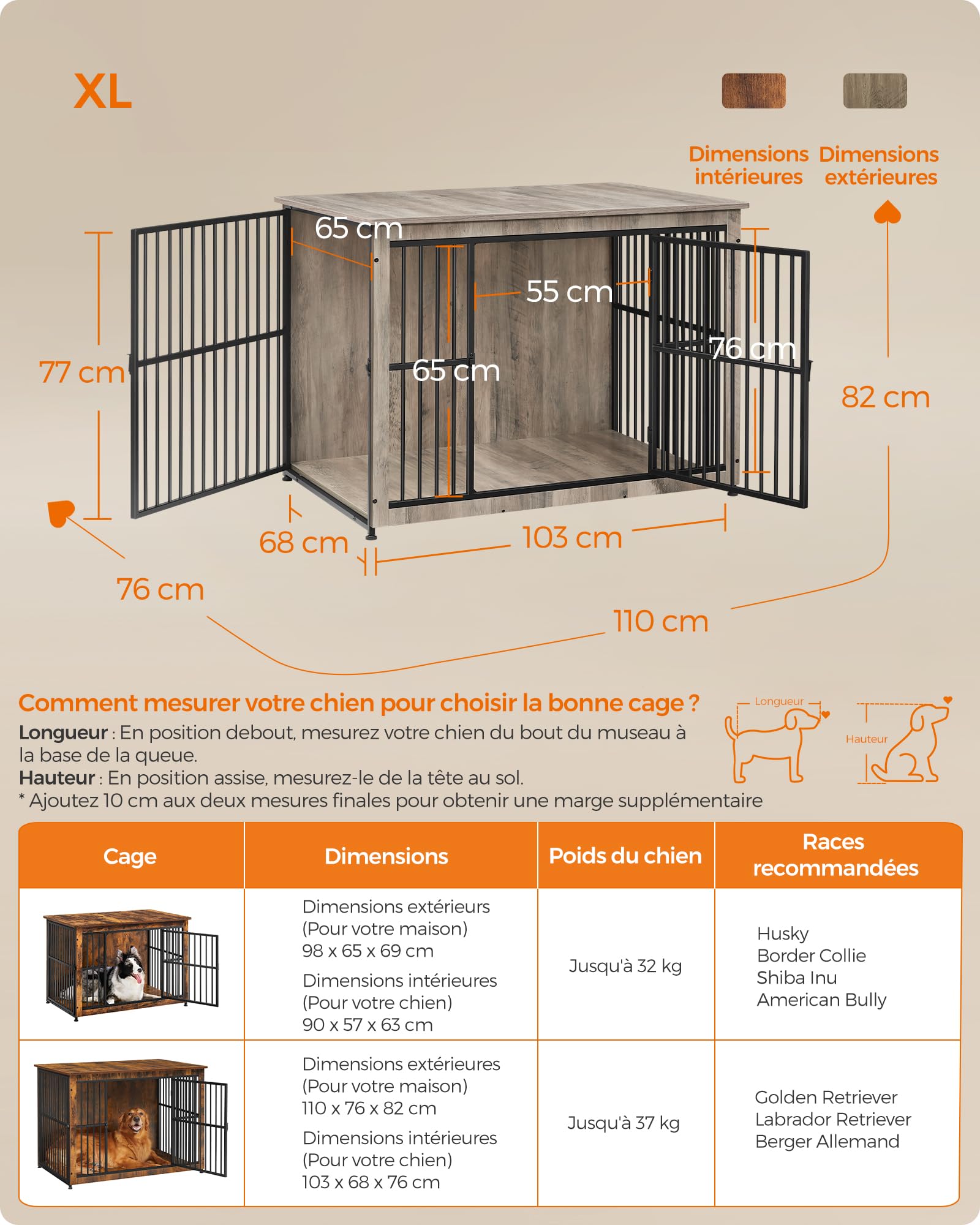 Feandrea Meuble Cage pour Chien, Table d’Appoint, Niche Moderne pour Chiens Jusqu’à 37 kg, Cage Solide pour Chien avec Fond Plein, Double Porte, Grège Chiné PFC024G01