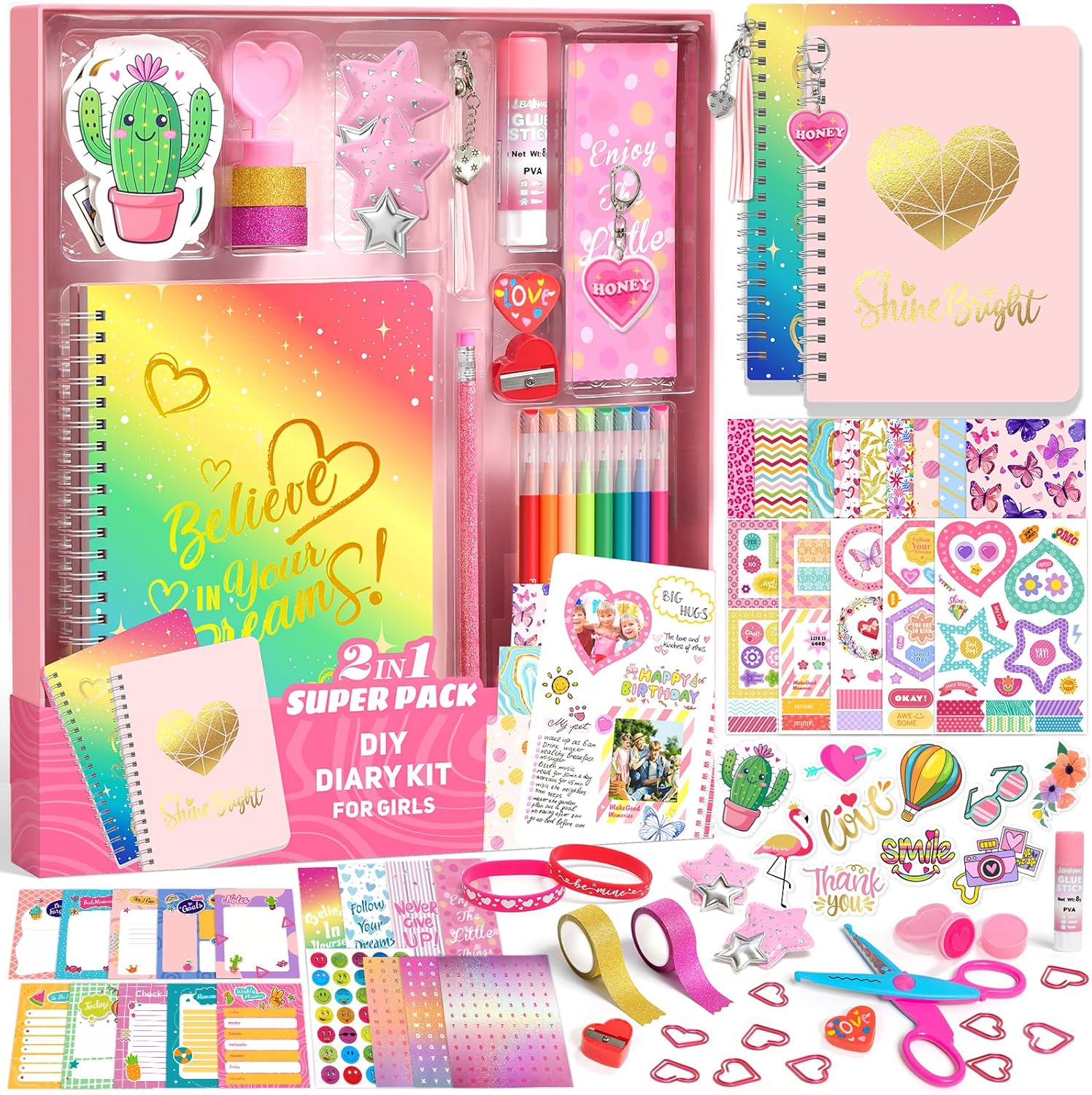 Axirata 2-Pack DIY Journal Kit for Girls, Journal Set for Tween & Teen Girl 6-8-14 Year Old, Scrapbook & Diary Supplies Toy Set, Art & Crafts Stationery Kit Birthday Christmas Ideal Gift for Girls