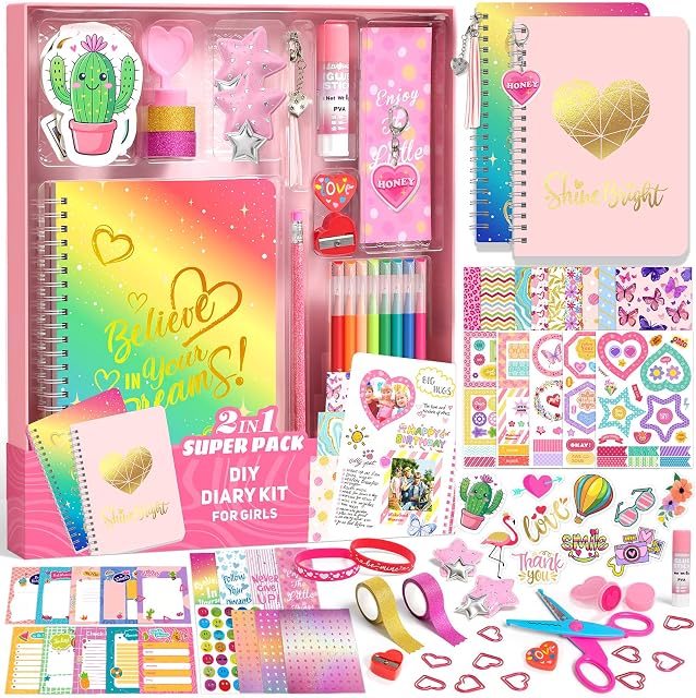 Axirata 2-Pack DIY Kit Journal pour les filles, Ensemble Journal pour Tween & Adolescents de 6-8-14 ans, Art & Artisanat Papeterie Kit, Scrapbook & Diary fournitures jouets ensemble anniversaire Noël cadeau idéal pour les filles