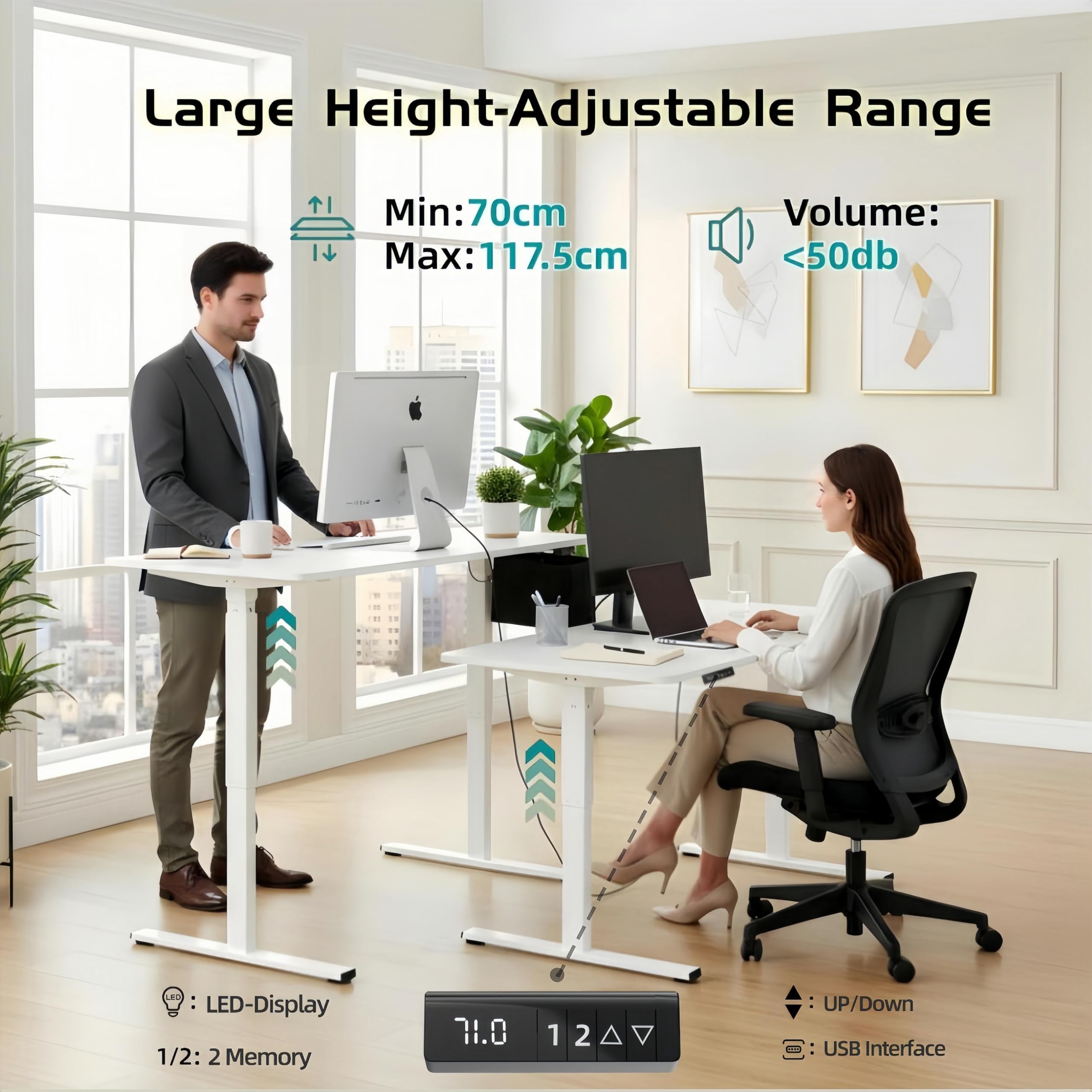 Höhenverstellbarer Schreibtisch 160x75cm,Elektrisch Gaming Tisch mit Lichtleiste,USB,Tasche und Haken,2 Memory Funktion,Ergonomischer Elektrischer Stehschreibtisch für Homeoffice lernbüro,Weiß