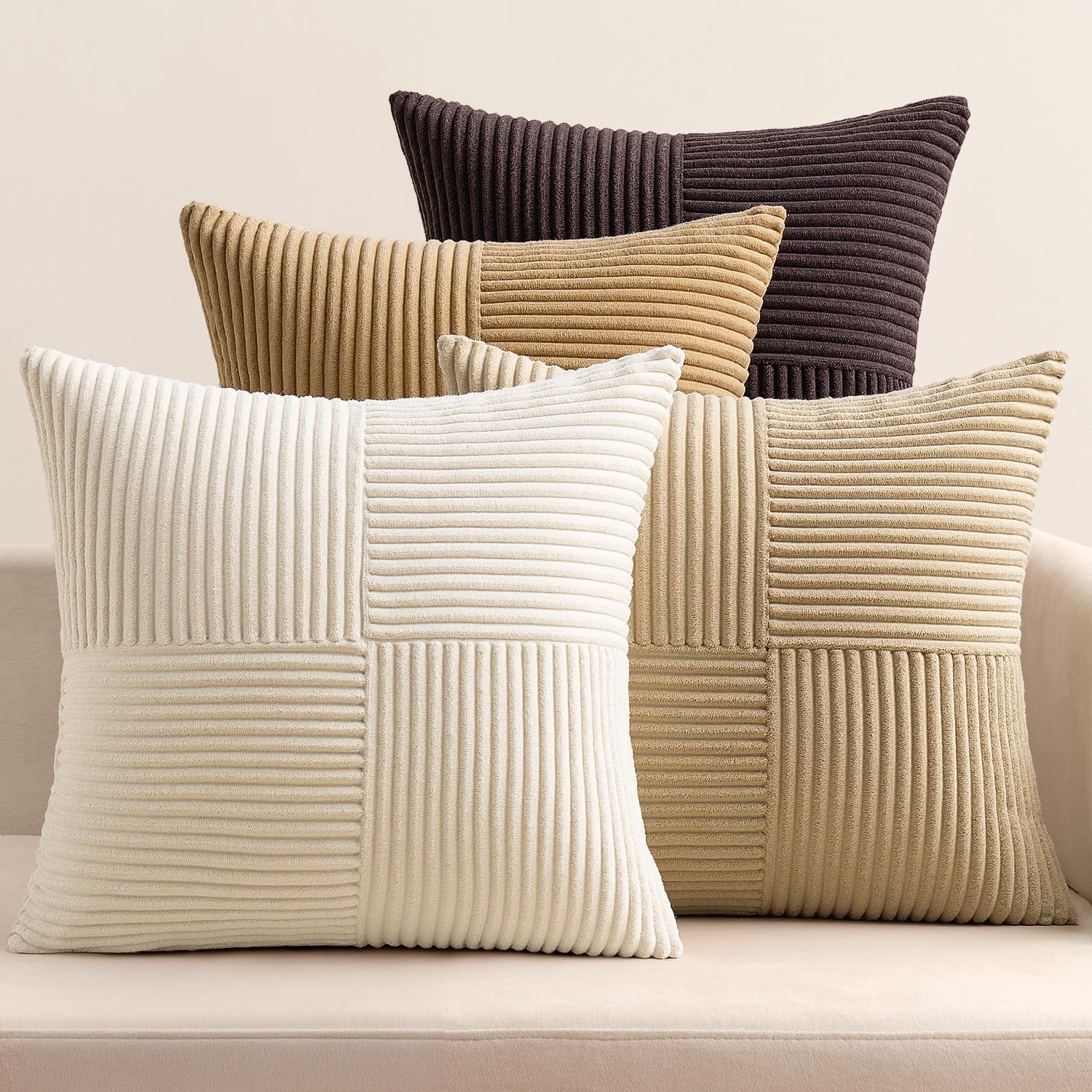 EMEMA Corduroy Cushion Cover, Set of 4, Patchwork Cushion Cover, 50 x 50 cm, Decorative Cushion Sofa Cushion