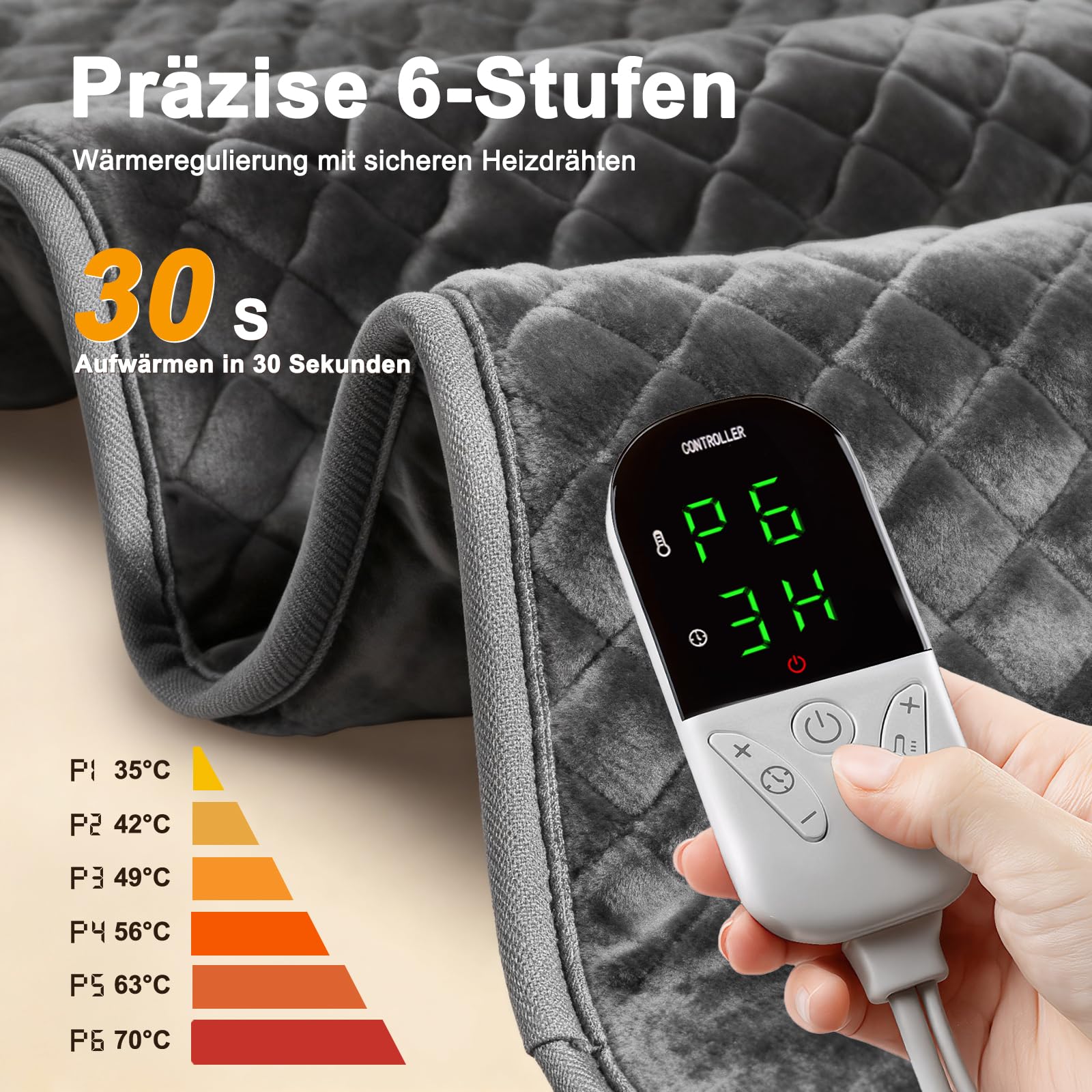 Focbeo XXXL Heizkissen mit Abschaltautomatik (80 x 60 cm), Wärmekissen elektrisch mit 6 Temperaturstufen & 4 Zeiteinstellungen für Rücken, Schultern, Bauch, Beine, Schnellaufheizung, Maschinenwaschbar
