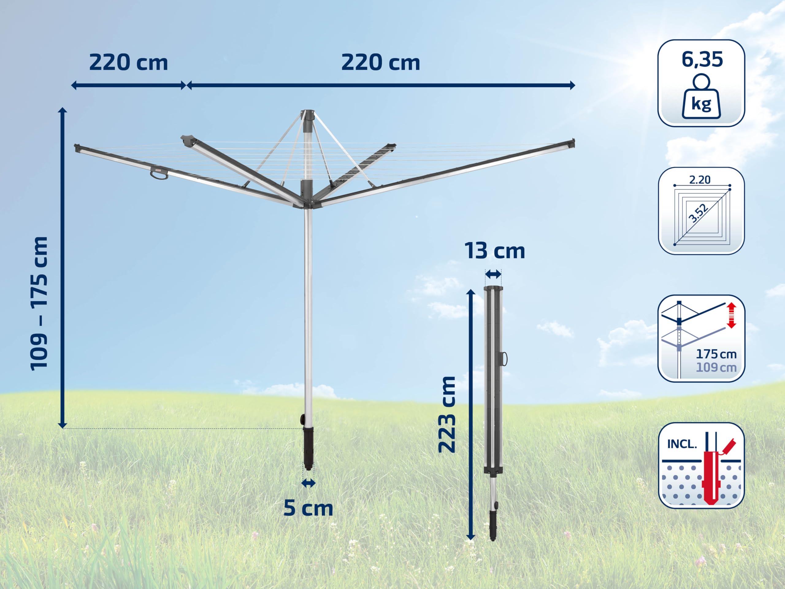 Leifheit Tendedero Rotatorio Linomatic 600 Plus, 60 m Retráctil | Altura regulable 1,09-1,75 m, tensor integrado, 8 ganchos para perchas, antracita, resistente a UV e intemperie