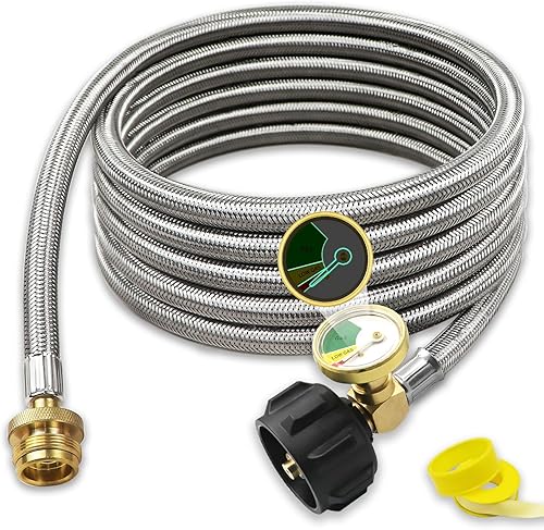 Adaptador de manguera de propano de 12 pies de 1 libra a 20 libras con calibre, adaptador de manguera de propano trenzado de acero inoxidable,