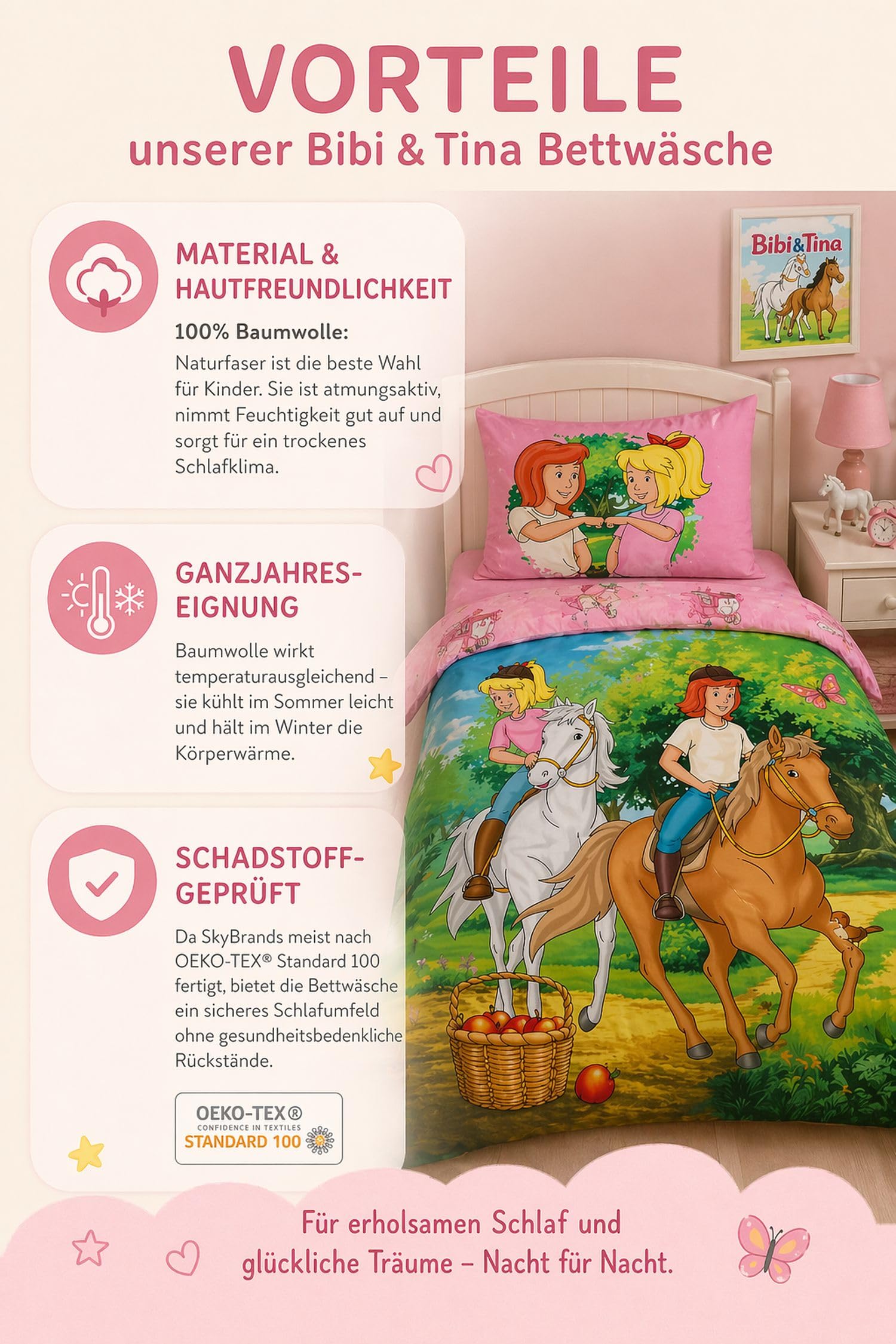 Bibi und Tina Bettwäsche 135x200 cm für Mädchen - 2-teiliges Set aus 100% Baumwolle inkl. Kissenbezug 80x80 cm - Pferdebettwäsche mit gratis Stoffbeutel - Wendemotiv