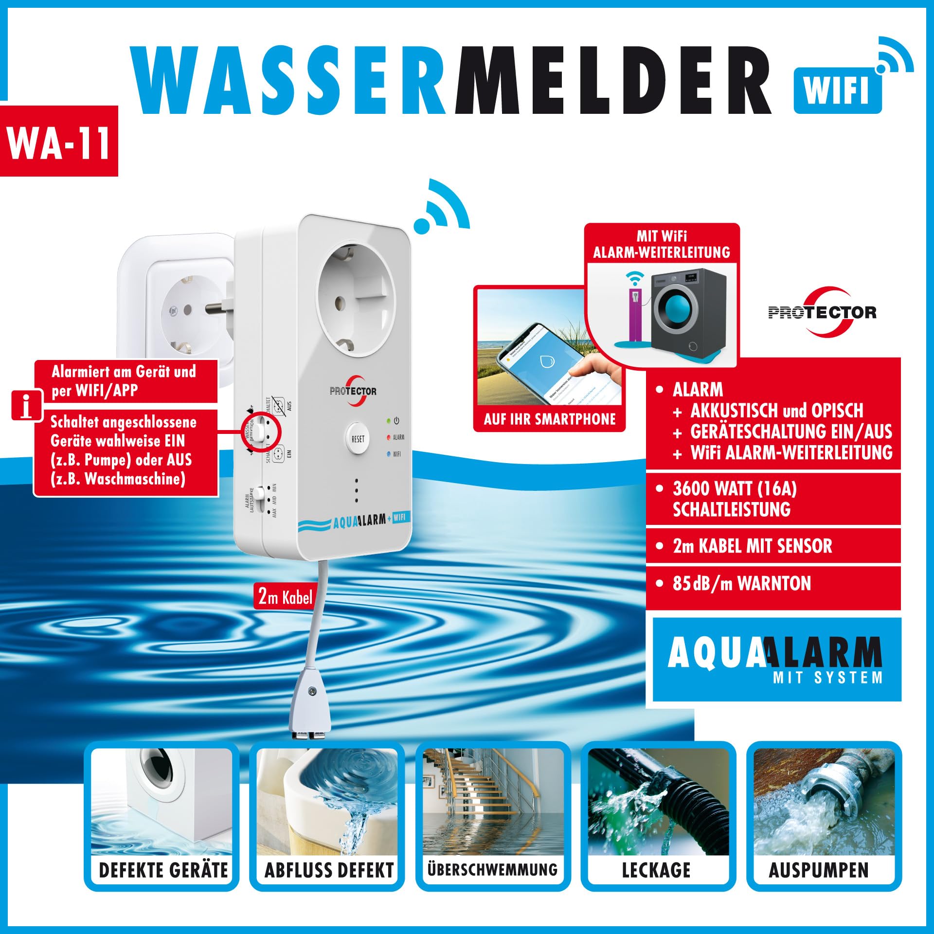 Protector WA-11 czujnik wody WiFi z zewnętrznym czujnikiem poziomu wody, alarm wodny z kablem 2 m, zasilanie sieciowe