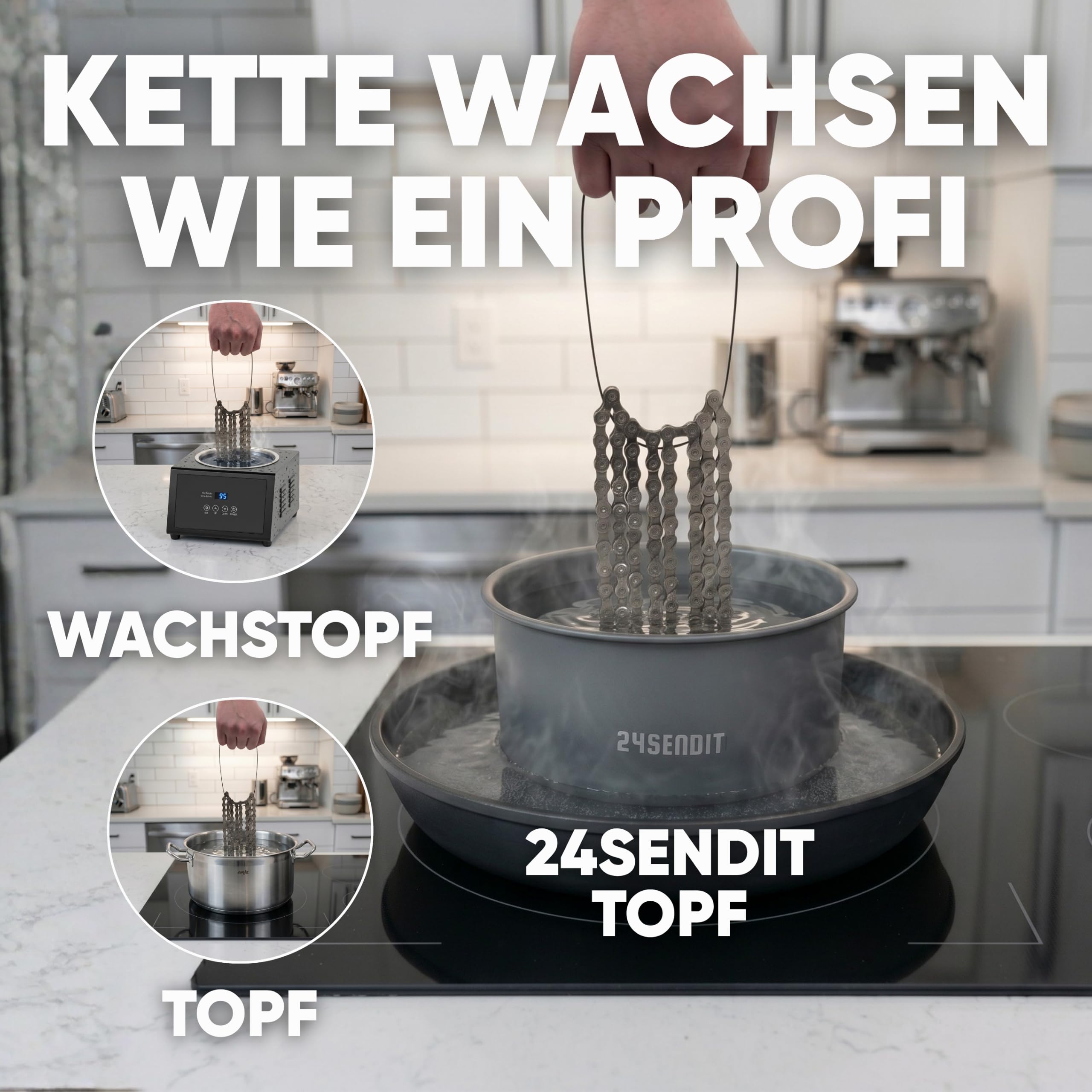 24SENDIT Ultimate Kettenwachs Set Heißwachs + Flüssigwachs + Entfetter | Komplettset für einfachen Umstieg auf Kettenwachs - für Rennrad, Gravel, MTB und E-Bike - einfache Anwendung, PTFE-frei