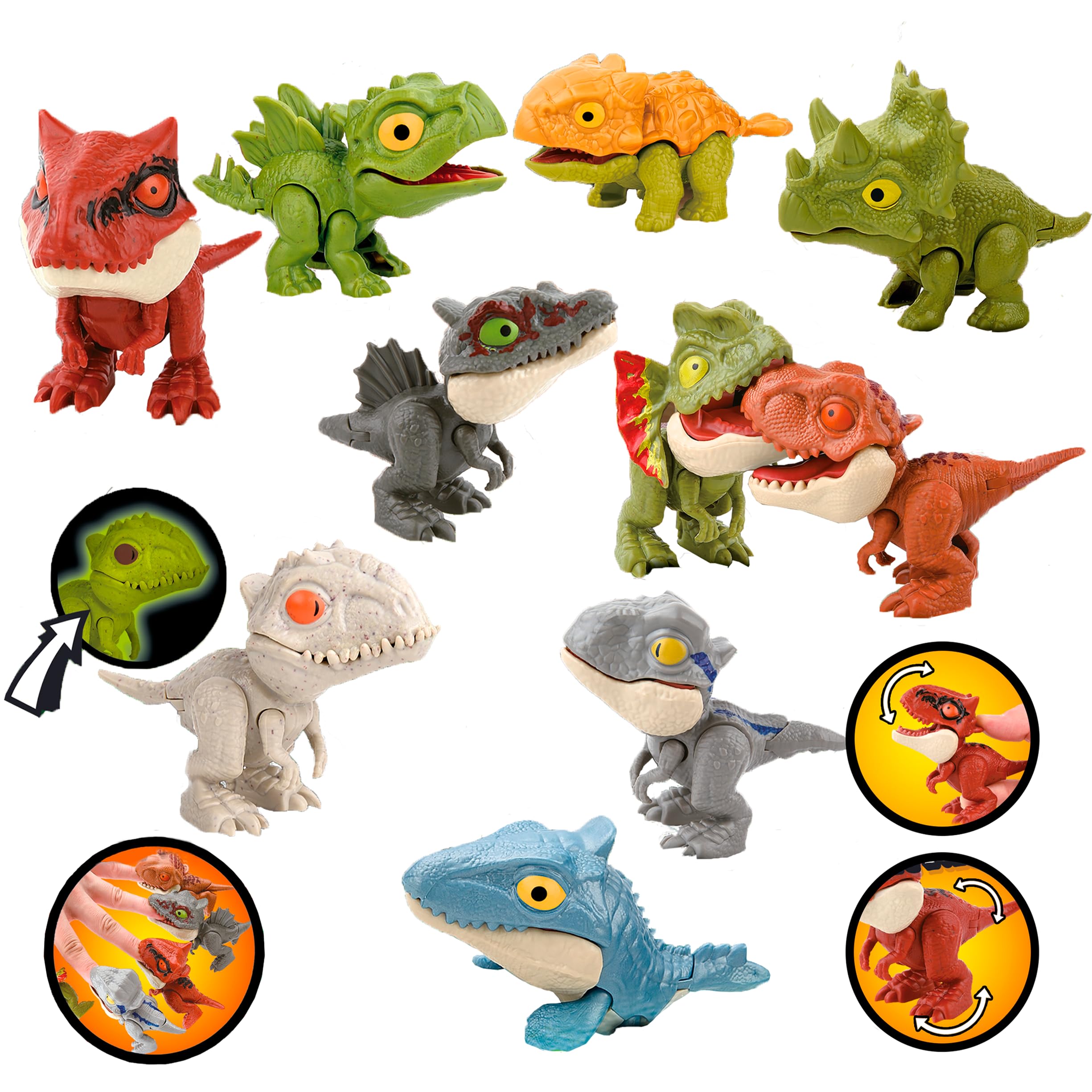 HYDROGELIX® Dinosaurios Juguetes 10x Dinosaurios muerde Dedos Originales Jurassic Word jugetes niños 5 años tiranosaurio Rex Regalos de cumpleaños y piñatas florescente Dyno Squad