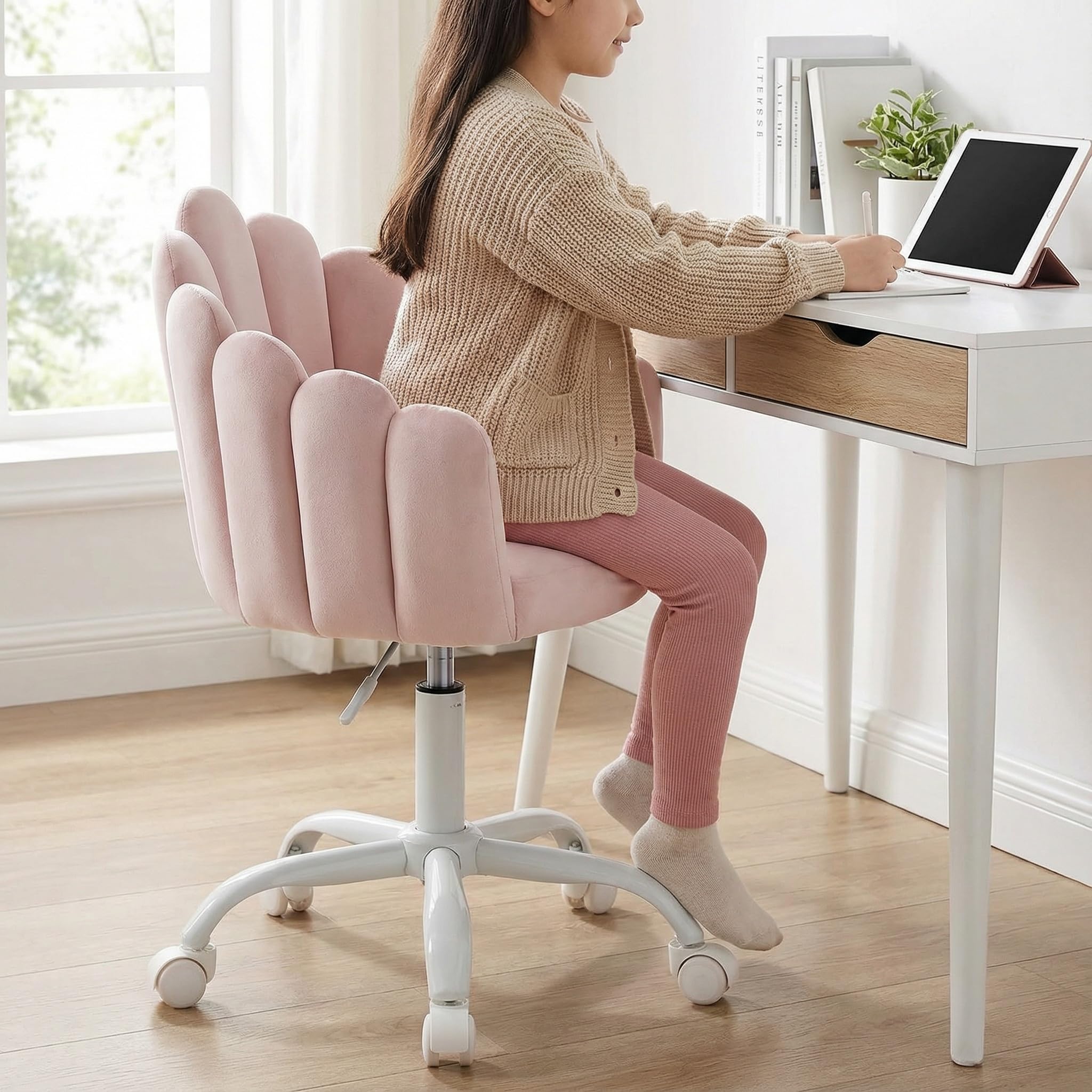 LukeAlon Kids Cute Swivel Desk Chair, Velvet Child Study Chair with Rolling Wheels and Arms, Comfy Upholstered Height Adjustable Teen Vanity Chair for