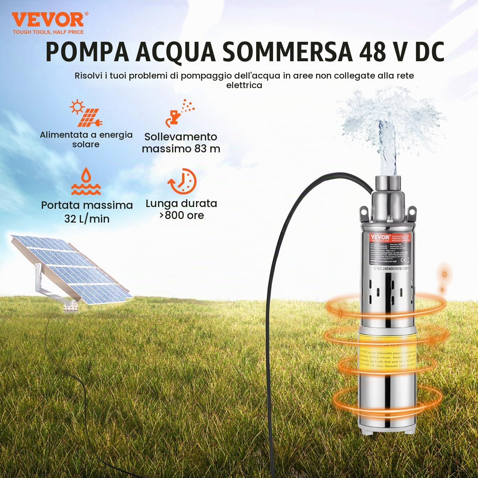 VEVOR Pompa Sommergibile Solare 369 W Pompa Sommergibile per Pozzi Profondi 48 V CC Portata 1,9 m³/h Prevalenza Massima 83,29 m Immersione Massima 20 m Irrigazione di Pascolo, Abbeveraggio Bestiame