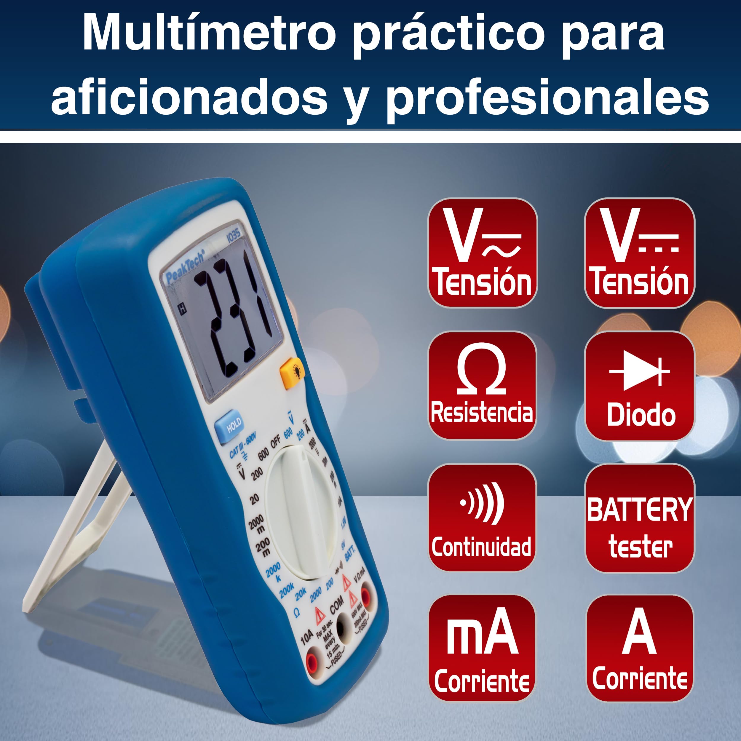 PeakTech 1035 – Multímetro digital CAT III con pantalla, probador de batería, multímetro de mano, dispositivo de medición, voltímetro, medición de corriente, probador de continuidad - máx.600 V