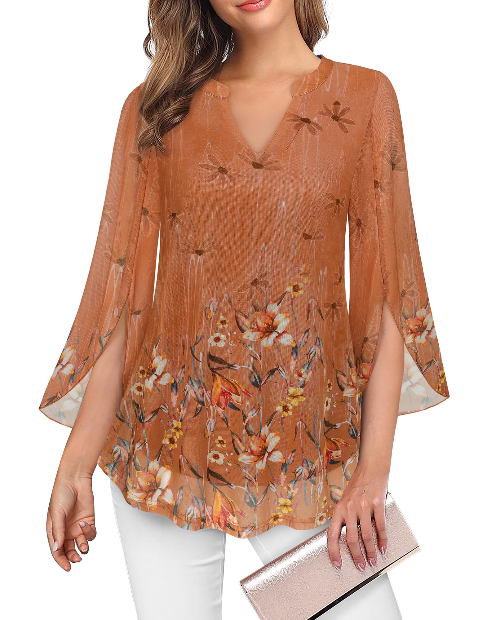 VALOLIA Women's 3/4 Sleeve Floral Tunic Tops V Neck Double Layers Loose Fit Mesh Blouses Shirt Large Pumpkin Orange