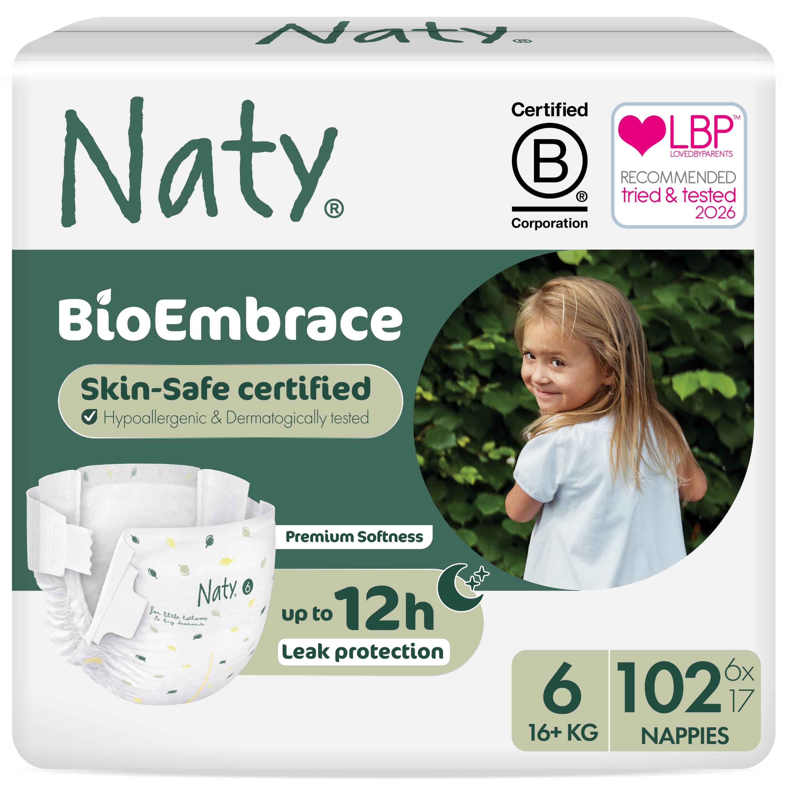 Naty BioEmbrace Baby Nappies, Sensitive Skin, Size 6 (16+kg), 102 Count