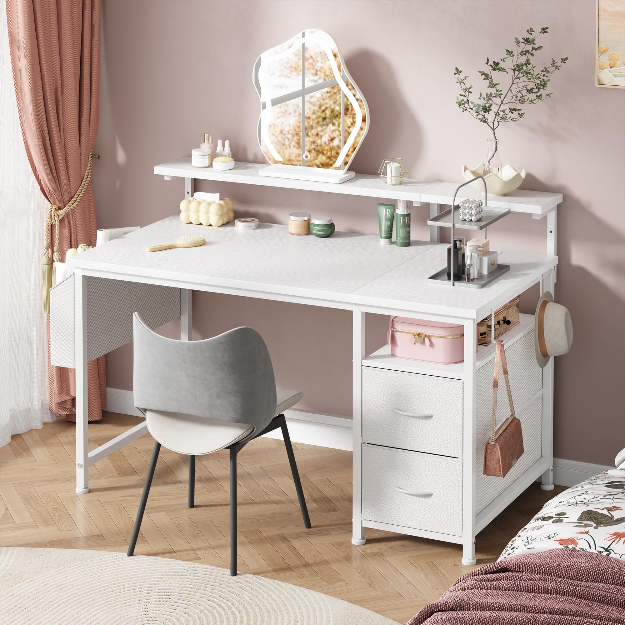 140x48 cm Rettangolare Scrivania per Studiare, Lavoratori, Bianco | Ergonomia Scrivania con 2 Cassetti, 1 Organizzatore Appeso, Supporto per Monitor, 3 Altezza regolabile, Gancio per Gaming
