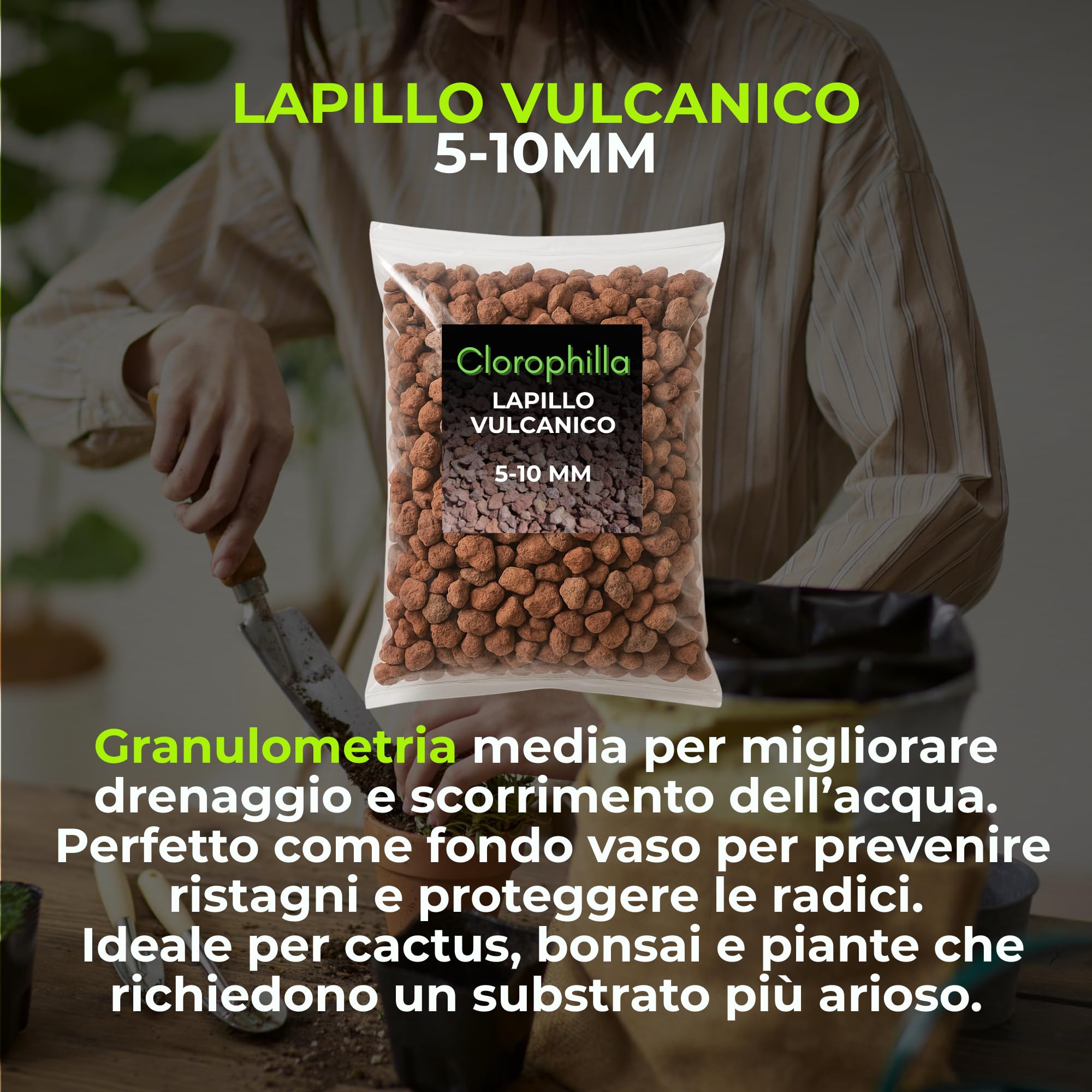 CLOROPHILLA Kit Drenaggio per Piante – Lapillo Vulcanico 3-5 mm + Lapillo 5-10 mm, Fibra di Cocco Naturale 2L, Marmo Bianco 7-12 mm – Substrato Completo per Vasi, Orto e Piante da Interno (KIT 10L X4)