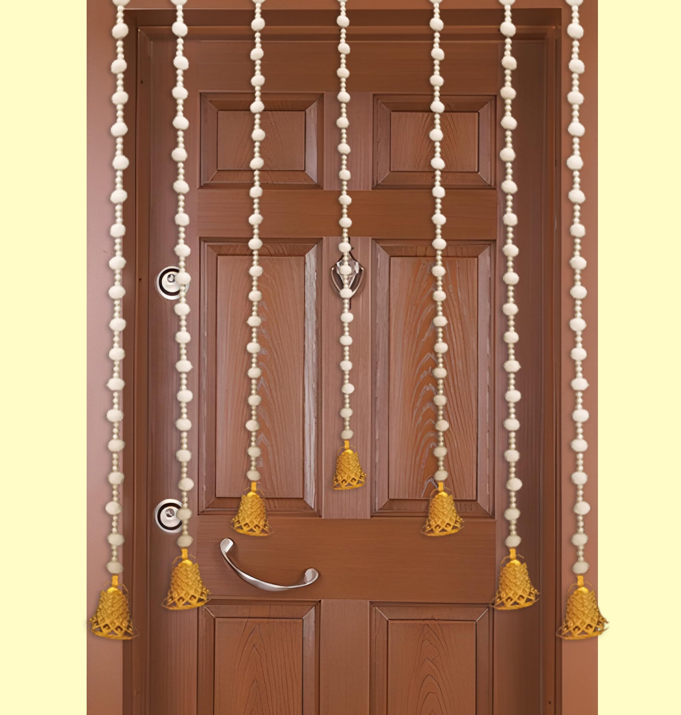 Handmade toran with White Pom Pom with White Pearl & Bell for Main Door and Wall Hanging for Home Decor, Pooja Room, Latkan for Festival Decoration Items (Pack of 7) Approx. Height 80 cm.-picture-46