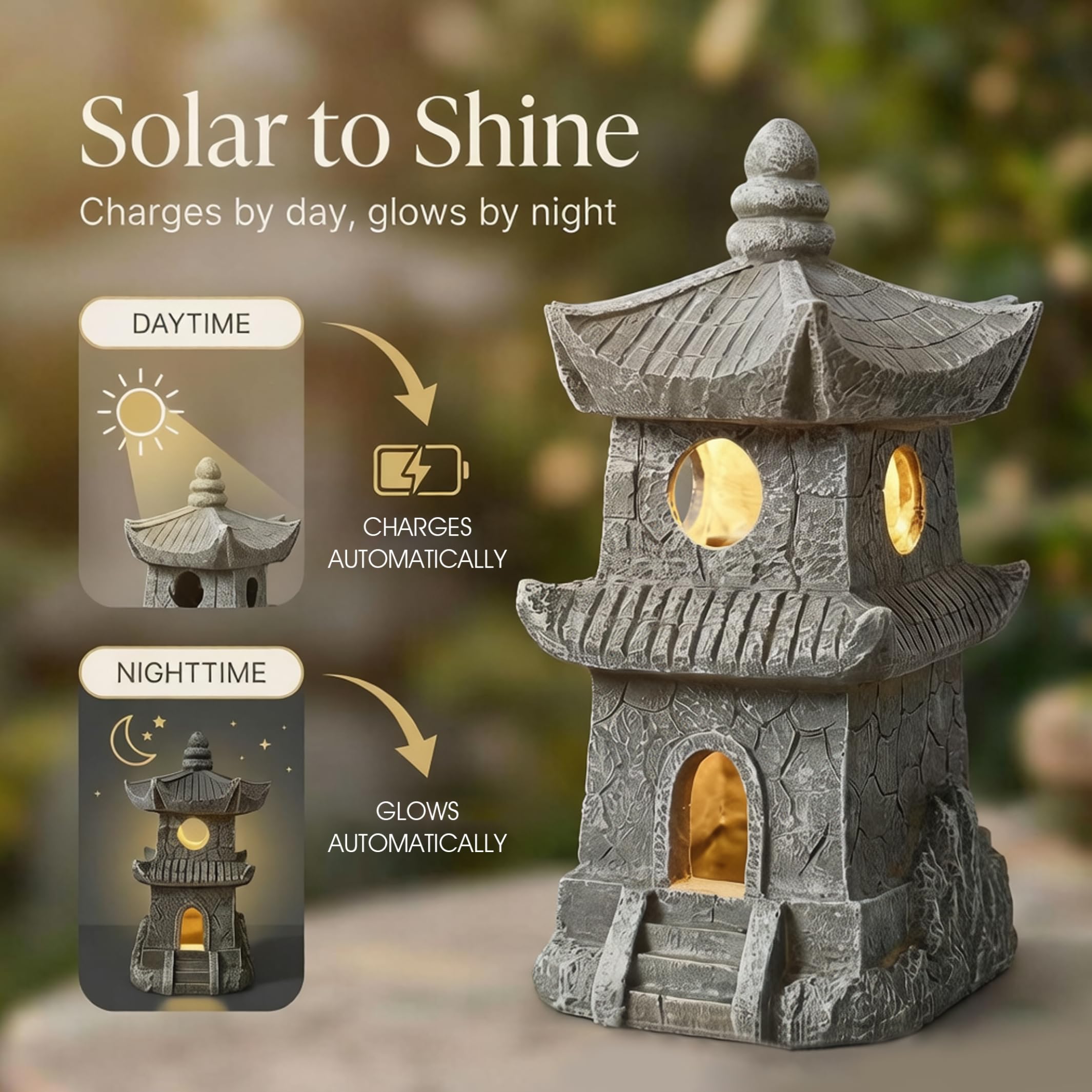 Lampada da giardino solare con pagoda in resina grigia da 11, 8 pollici per esterni, statua a lanterna per percorso, patio, giardino Zen, illuminazione paesaggistica