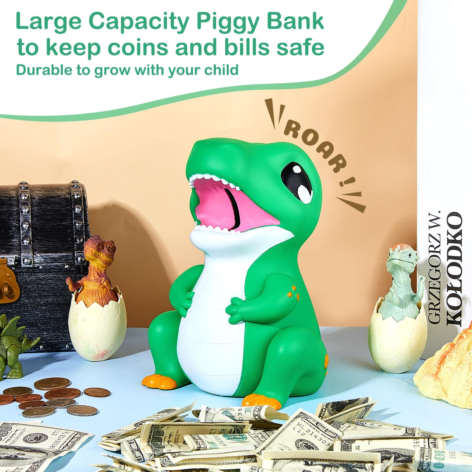 Dinosaur Piggy Bank for Kids Unbreakable Money Coin Bank for Boys Girls with DIY Stickers,Toddler Gifts for Birthday,Easter,Baby Shower,Green