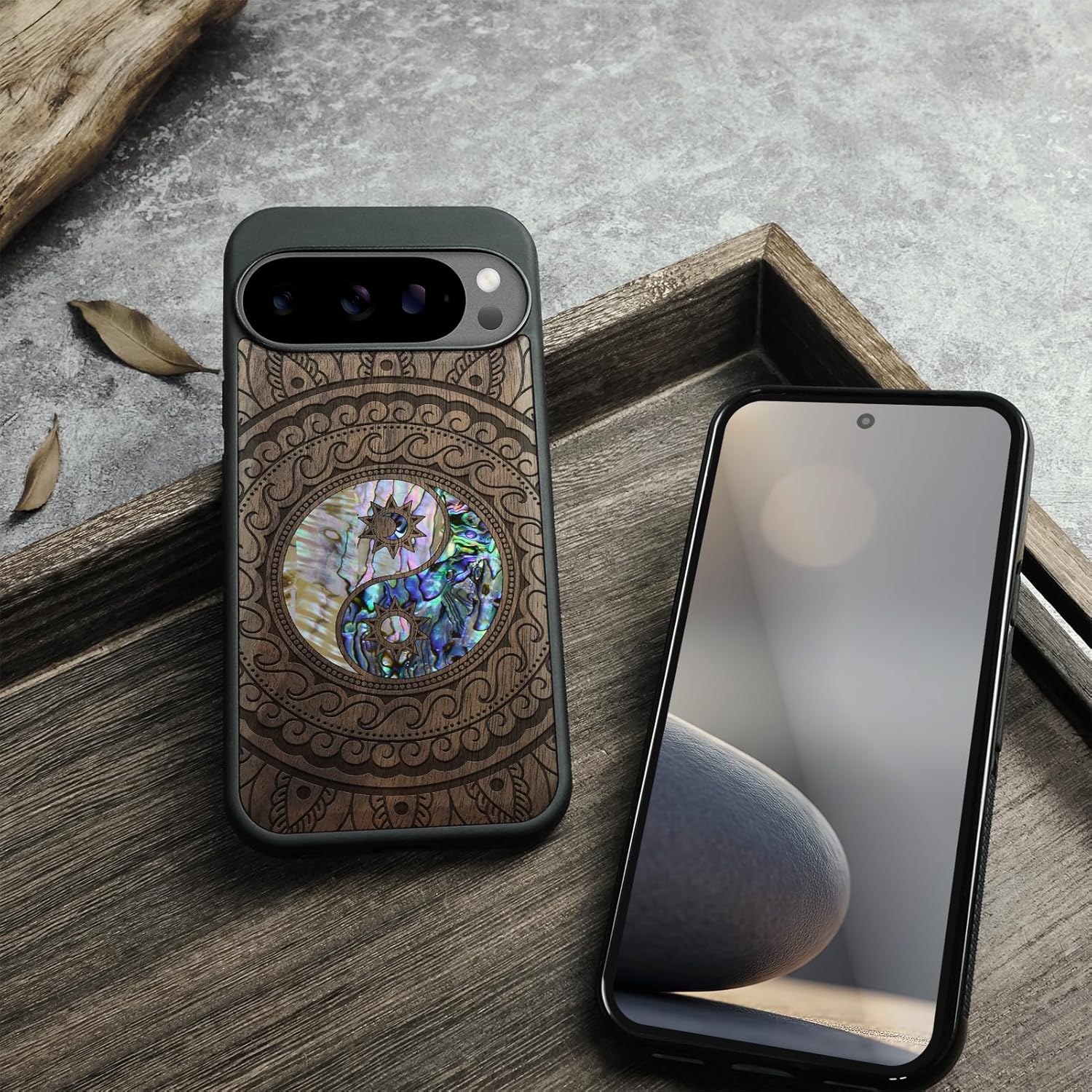 Carveit Magnetic Wooden Case for Google Pixel 10 Pro XL Case, Wood Artisan Engraved & Handmade Shell Inlaid, Compatible with MagSafe Wireless Chargers, Yin Yang Paisley - Walnut