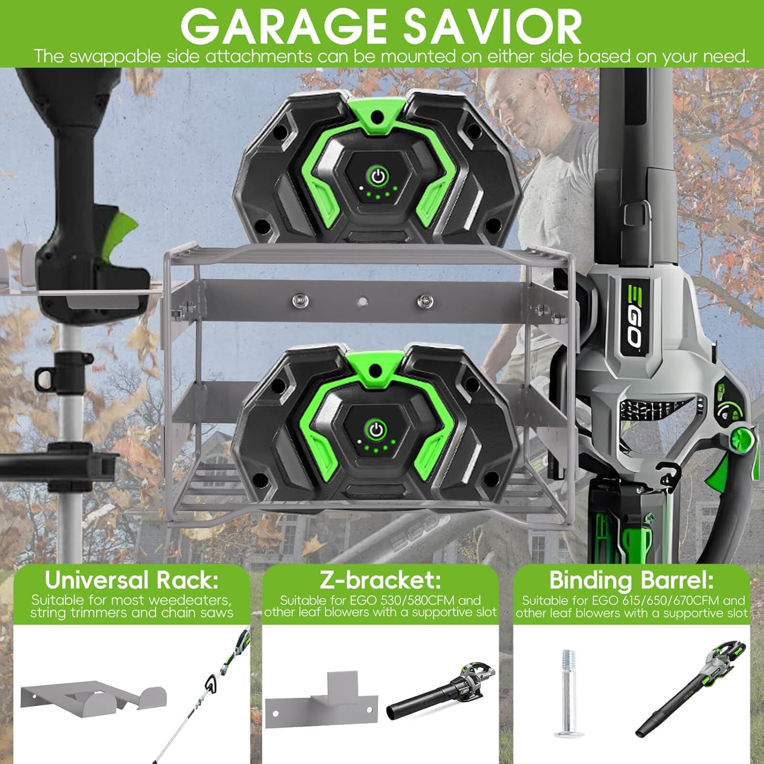 power tool organizer wall mount - heavy duty weed eater hanger for garage organization, cuboid garage storage rack for ego leaf blower, trimmer, chainsaw, edger, battery, charger, 180lbs load capacity ego-gray