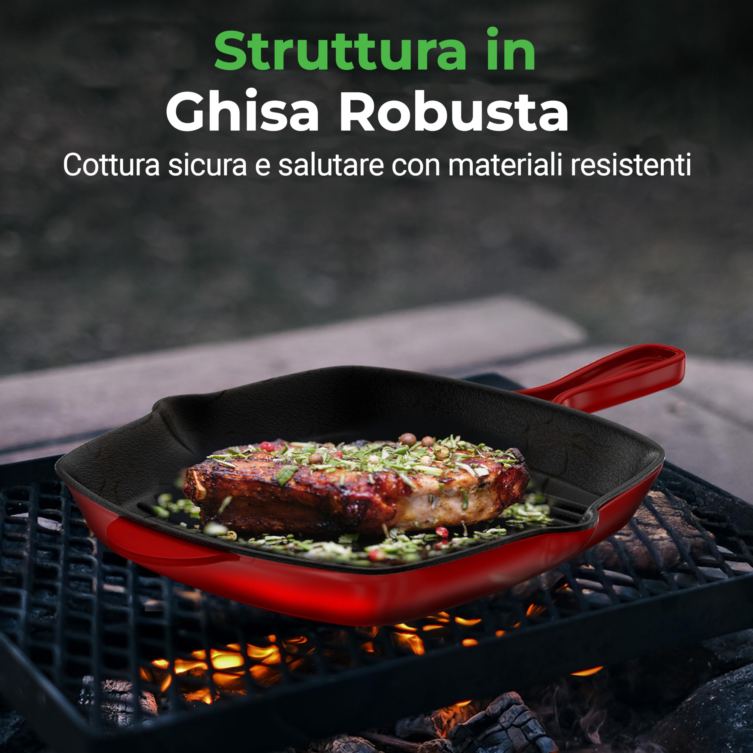 NutriChef Bistecchiera Antiaderente in Ghisa Smaltata da 28 cm, Padella Quadrata con Beccuccio, Compatibile con Tutti i Piani Cottura, Segni di Grigliatura