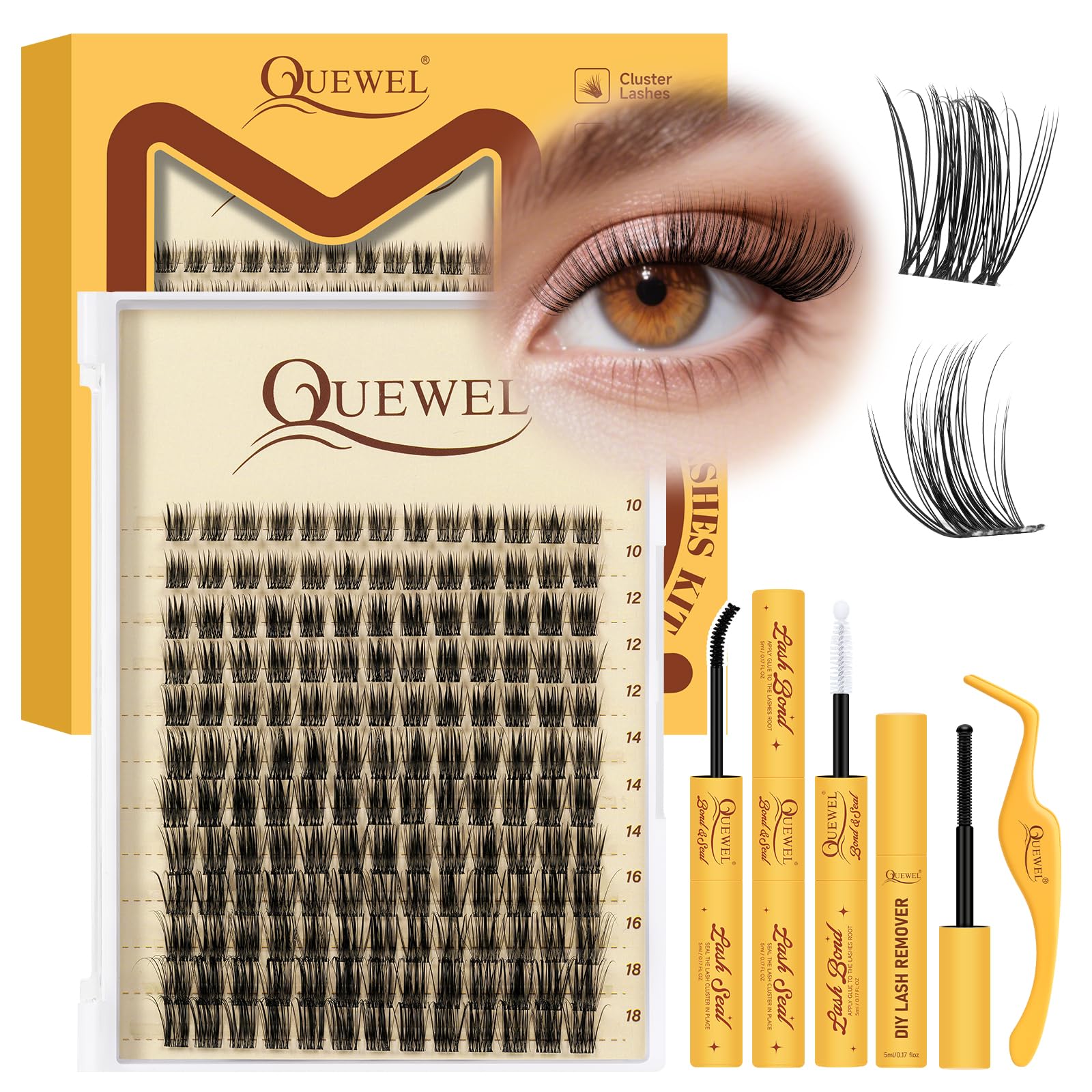 QUEWEL Cluster-Lashes Set 156STK, Mix10–18mm DIY Wimpern-Extensions Set mit Wimpernkleber und Pinzette und Entferner, Lash-Extension-Set für den Alltag Partys Lash-Clusters (Fairy-Kit-E)