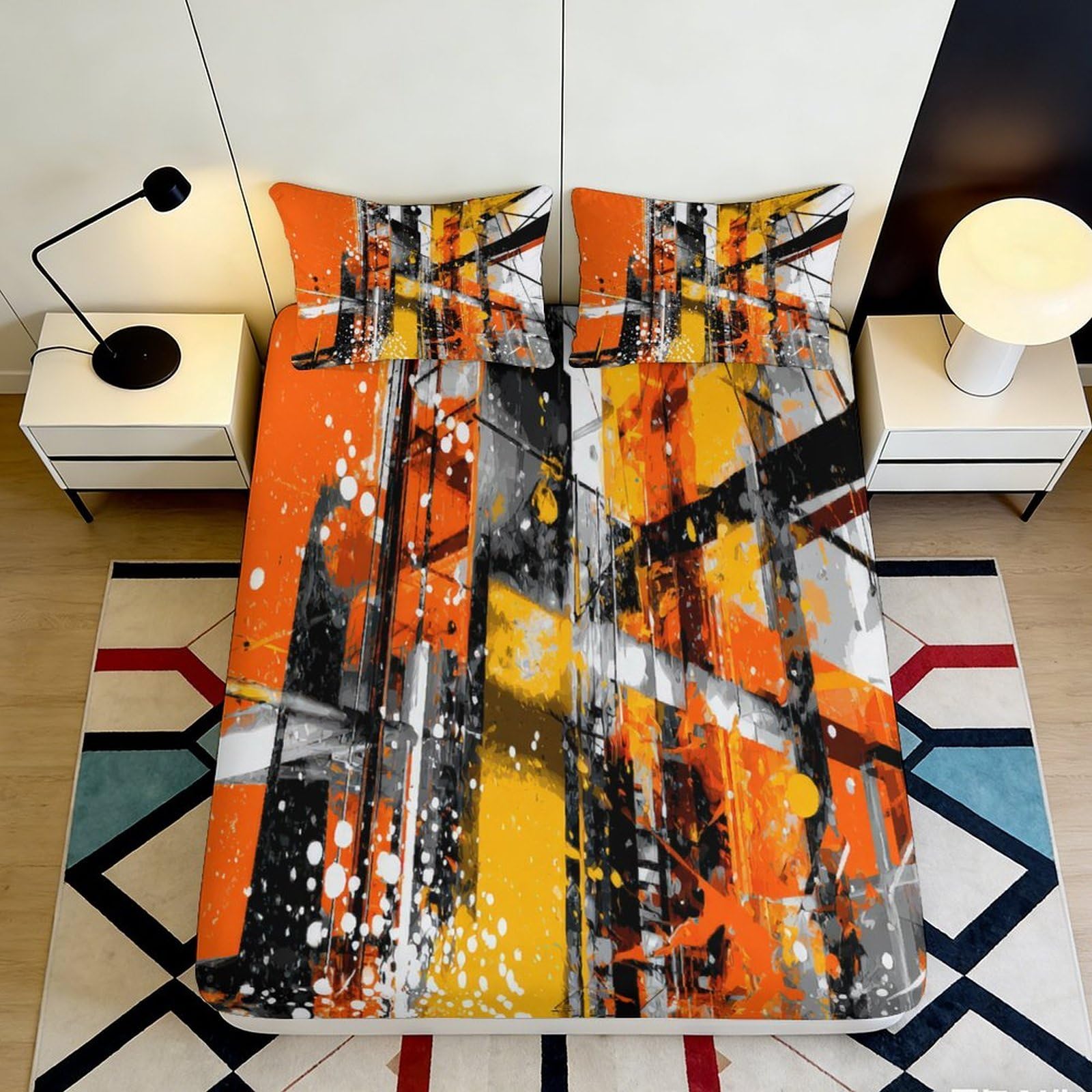 3D Printed Urban Graffiti Fitted Sheet Microfiber Orange Yellow Black Abstract Mattress Cover for Bedroom Dorm Decor 90x200x25cm