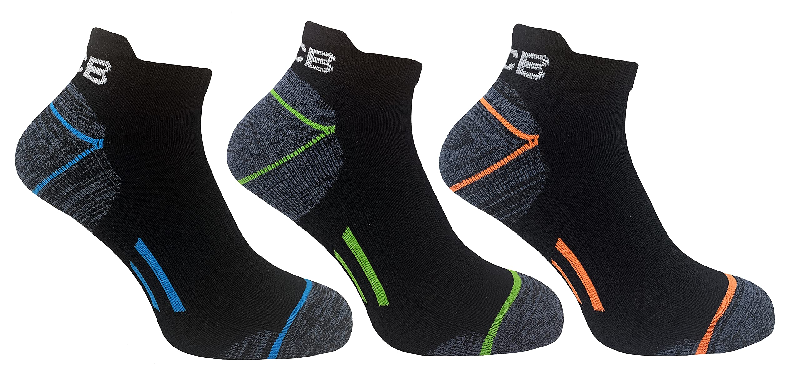 Jcb Men's Blue Green Orange Socks - Trainer Socks - Socks - Active Socks - Trainer Liners - 3 Pack - Neon/Black Ankle Socks - Uk 6-8.5 Eur 39-43