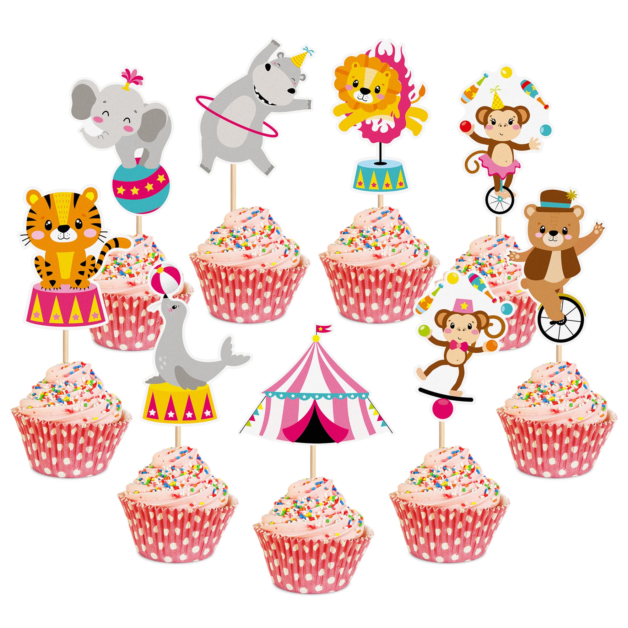Blumomon 27Pcs Circus Animal Cupcake Toppers Carnival Lion Elephant Monkey Tiger Seal Bear Cake Picks for Kids Birthday Baby Shower Zoo Theme Party Cake Decor Supplies