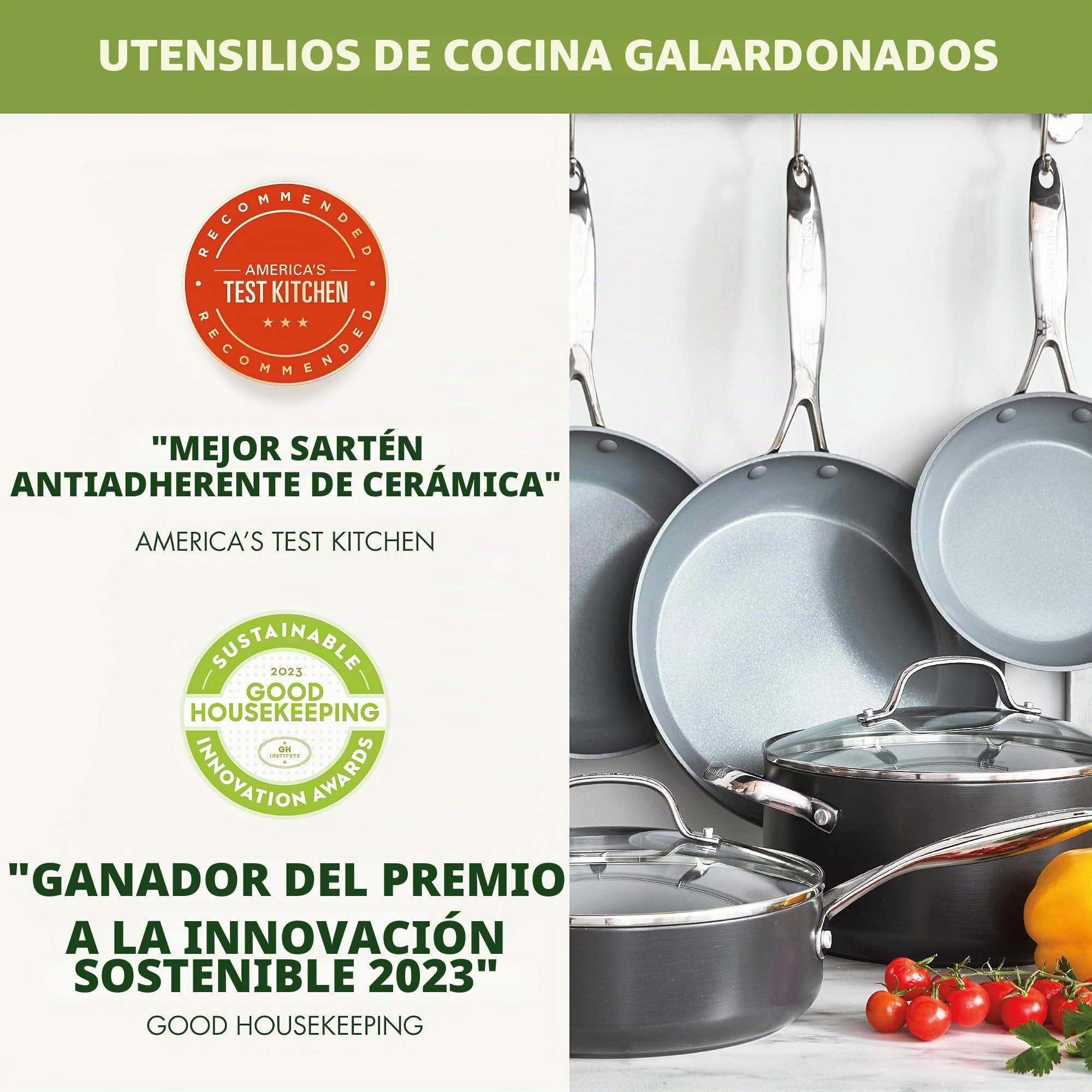 GreenPan Valencia Pro Batería de Cocina de 11 Piezas de Cerámica Sana Antiadherente Anodizada Dura, Incluye Sartenes, Sartén Honda, Cazos, Tapas, Sin PFAS,Inducción,Apto para Lavavajillas y Horno,Gris